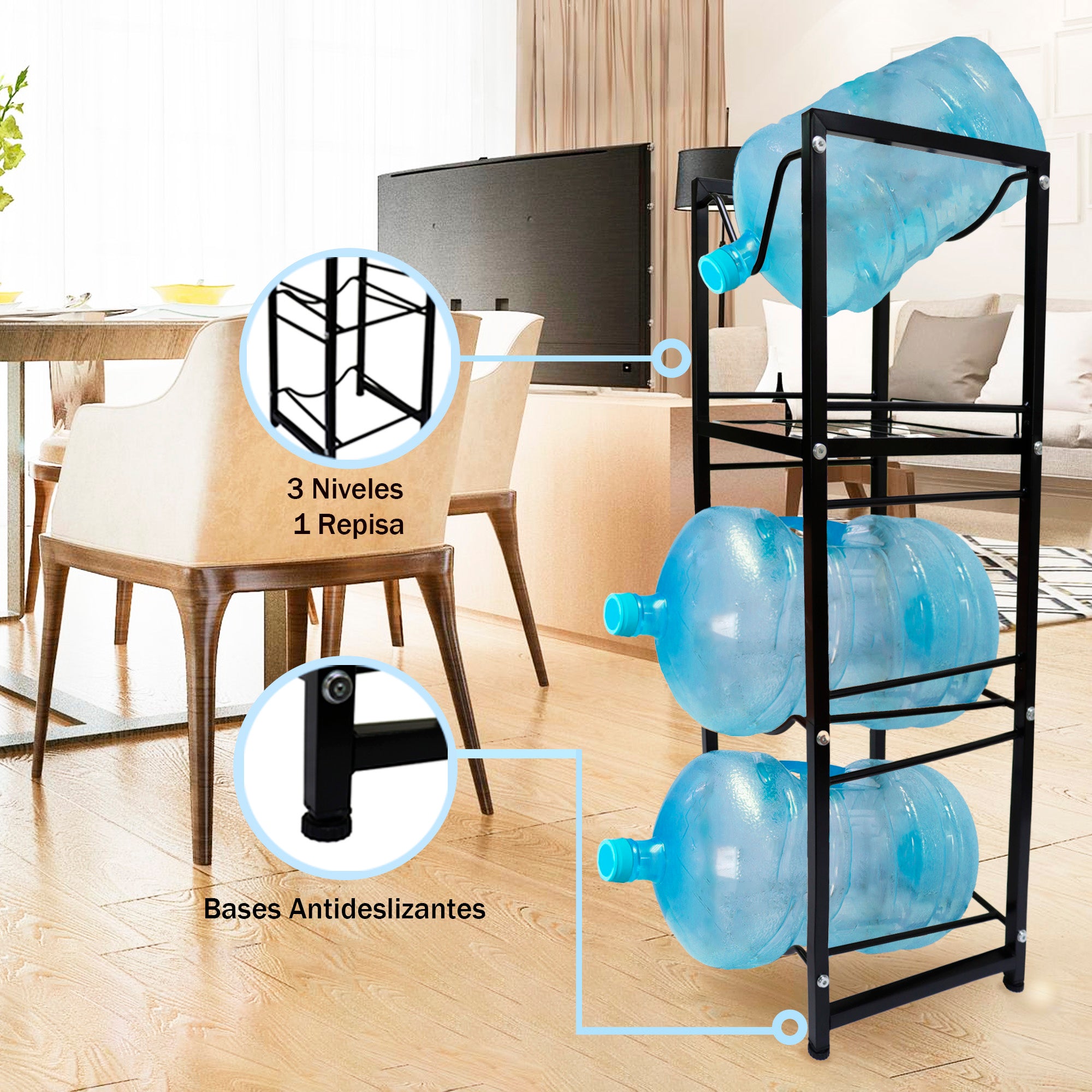 Estante para 3 Garrafones con Repisa y 2 Dispensadores – Ahorra Espacio en Cocina o Oficina