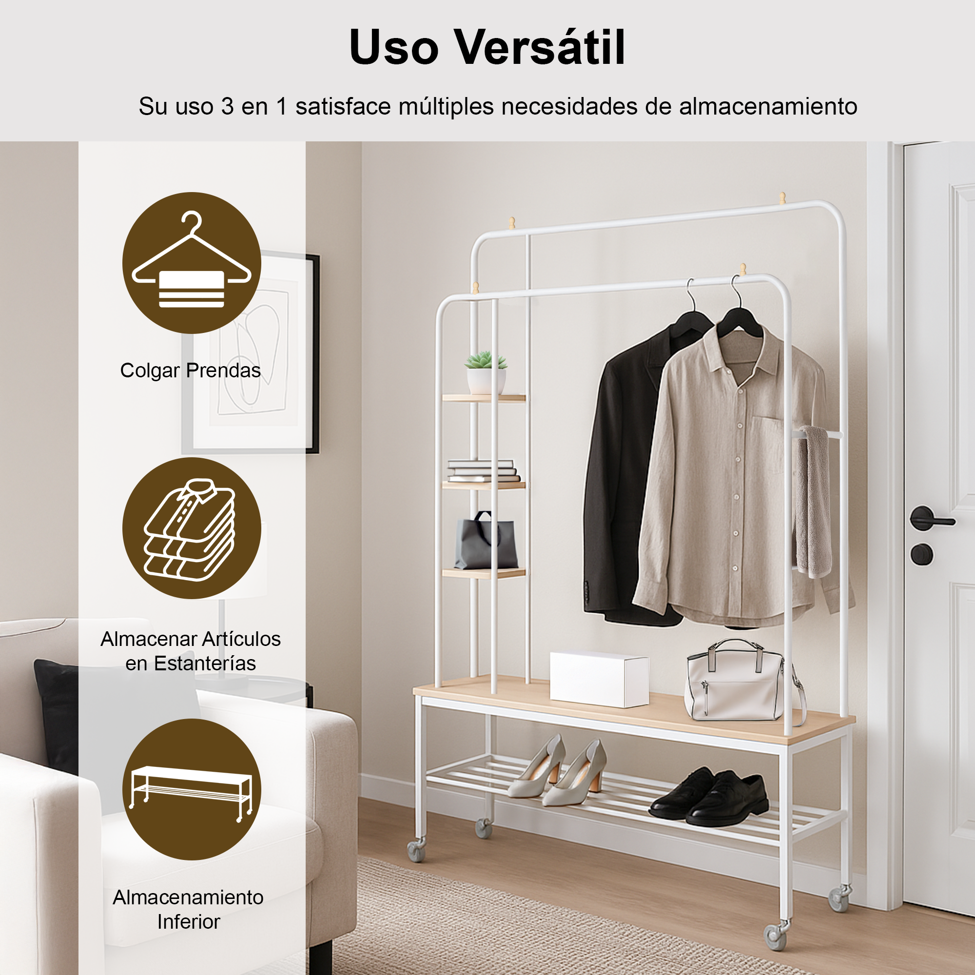 Perchero de Ropa con Ruedas y Doble Barra con 3 Repisas para Bolsos y Gorras y Un Estante Zapatero