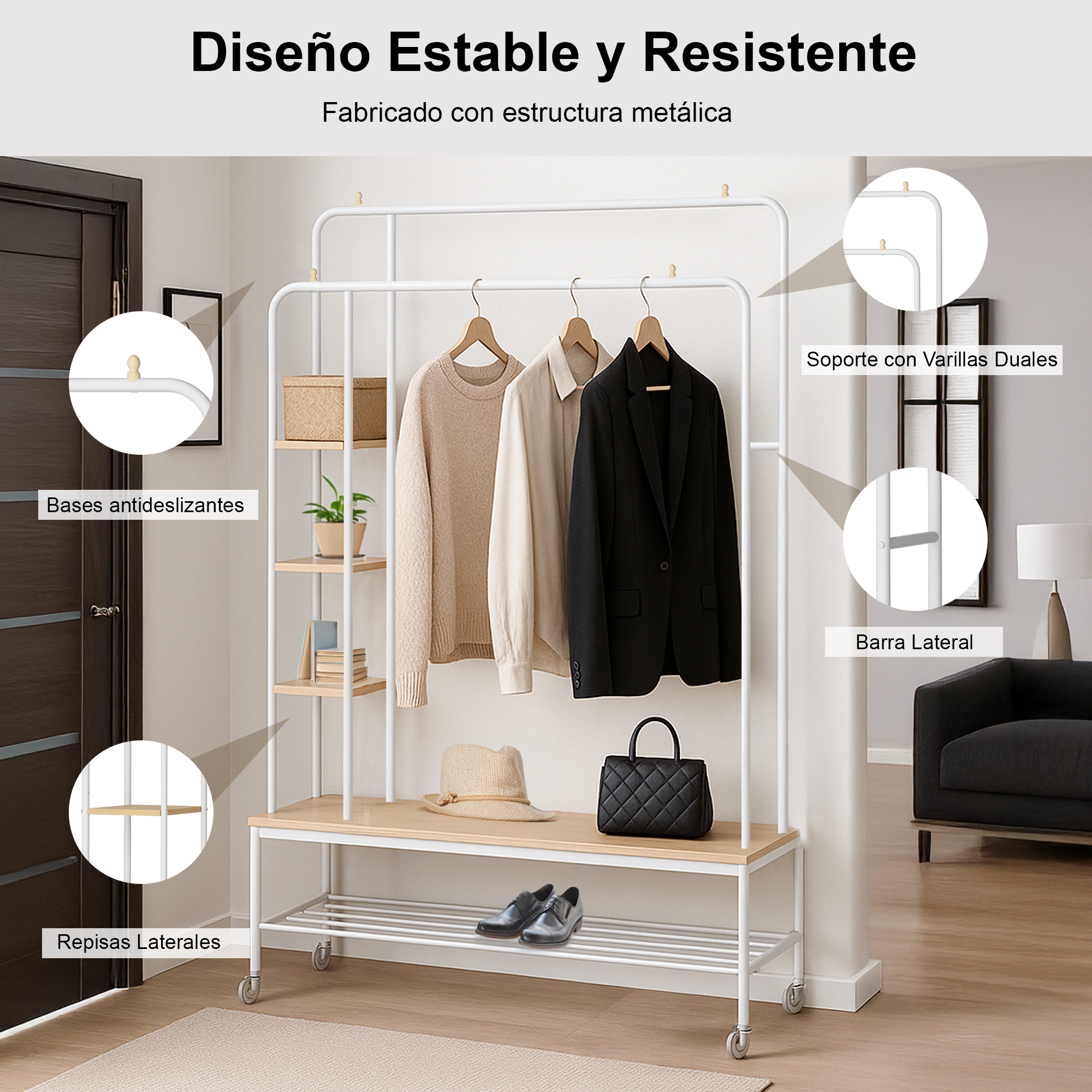 Perchero de Ropa con Ruedas y Doble Barra con 3 Repisas para Bolsos y Gorras y Un Estante Zapatero