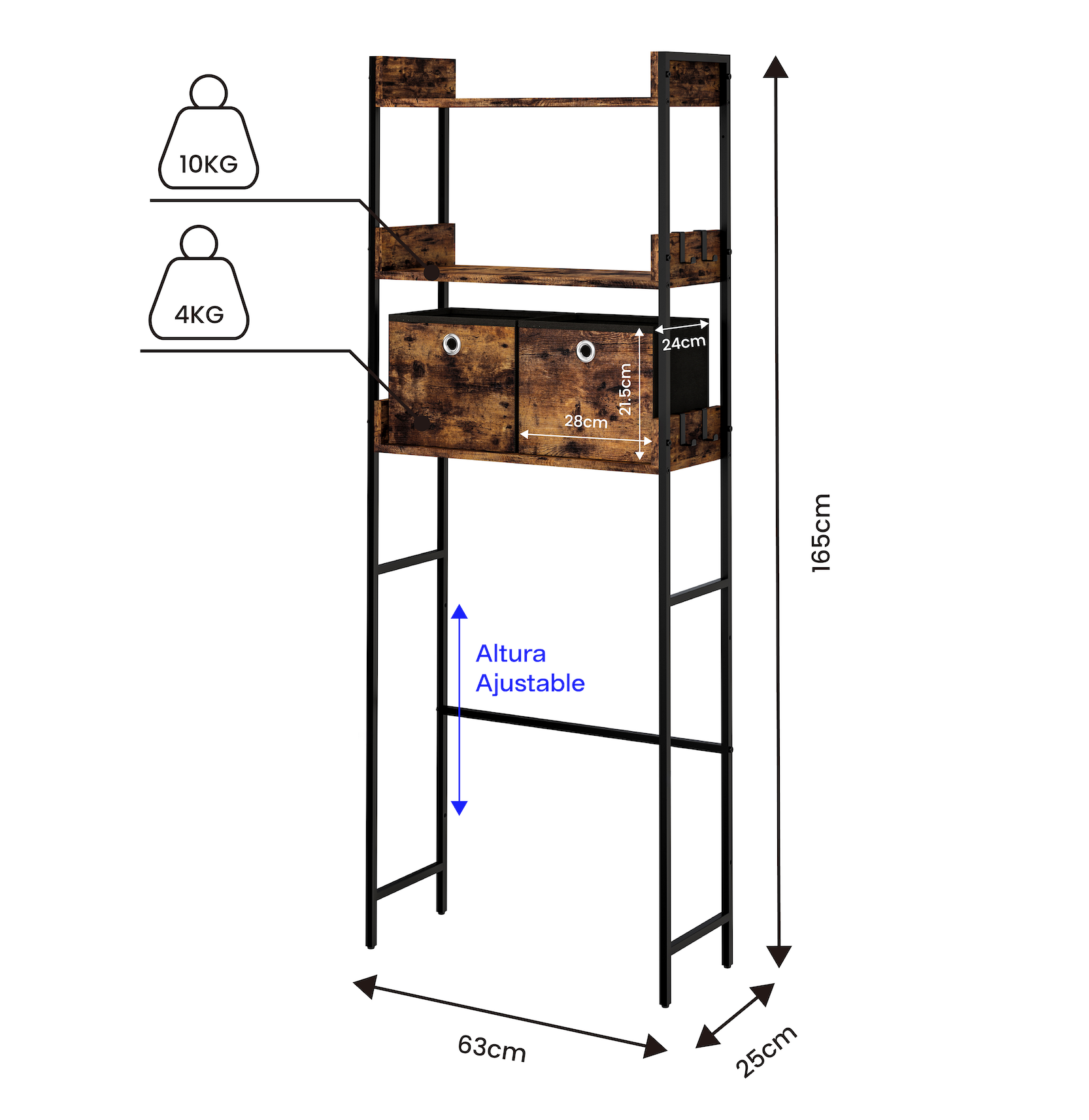 Estante de 3 Niveles para sobre el Inodoro con 2 Cajas de Almacenamiento Organizador de Baño
