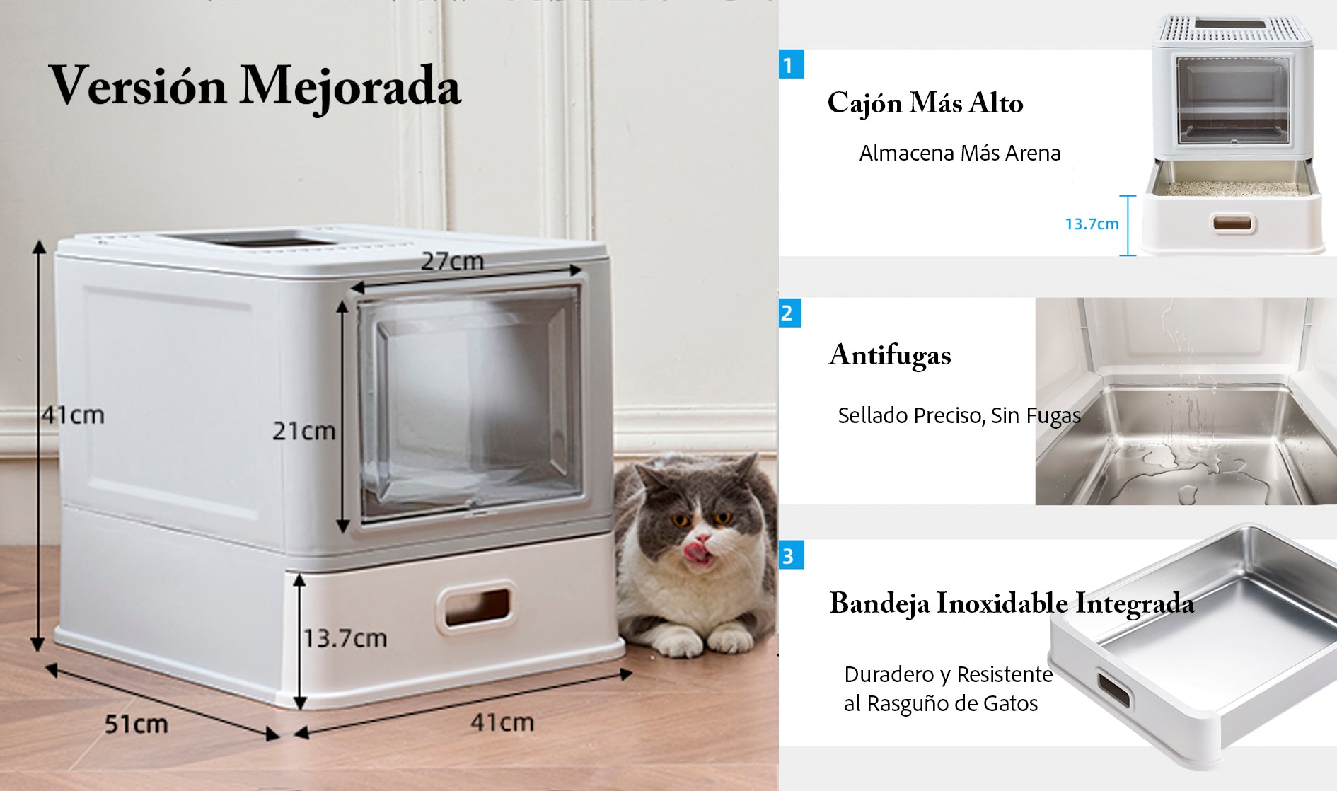 Arenero Cerrado para Gato con Bandeja Alta de Acero Inoxidable Integrado, con Palita y Tapa Desmontable