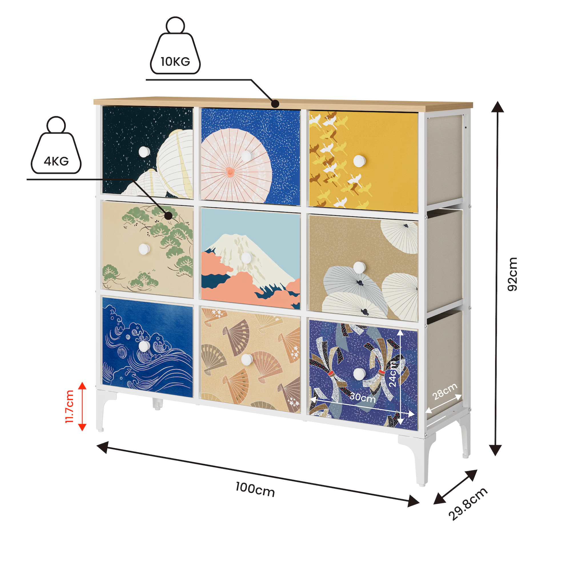 Cómoda De 9 Cajones Organizador Cajonera De Estructura Metal, Tabla MDF y Cajones De Tela Impreso