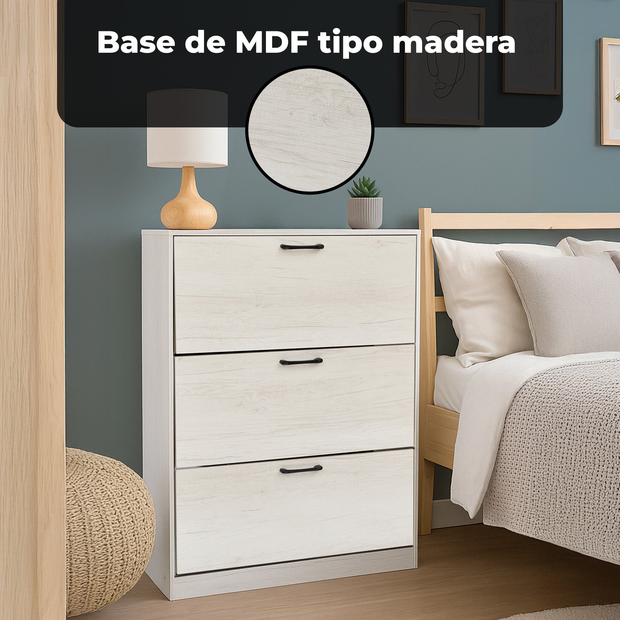 Gabinete para Calzado 3 Cajones Abatibles, Blanco Marfil, Diseño Estrecho para Recibidor
