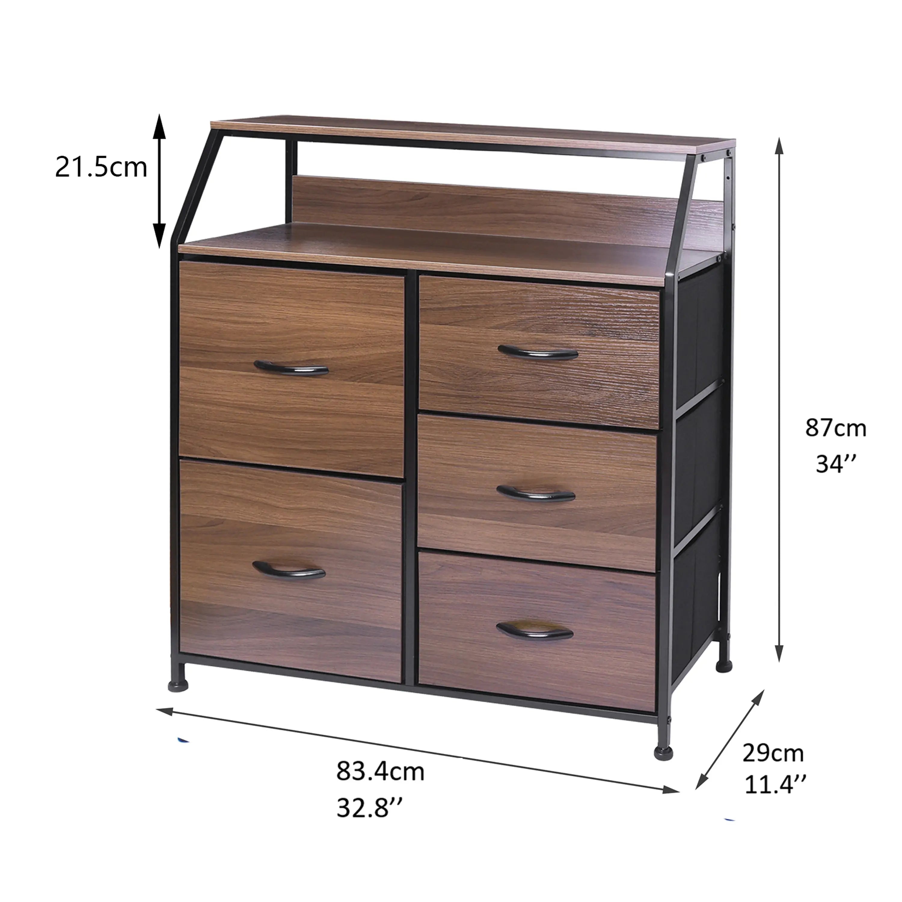 Cómoda de 5 cajones con balda almacenamiento para hogar y oficina, organizador cajonera de estructura metal y cajones de tela no tejida y tabla MDF MU:4LIFE