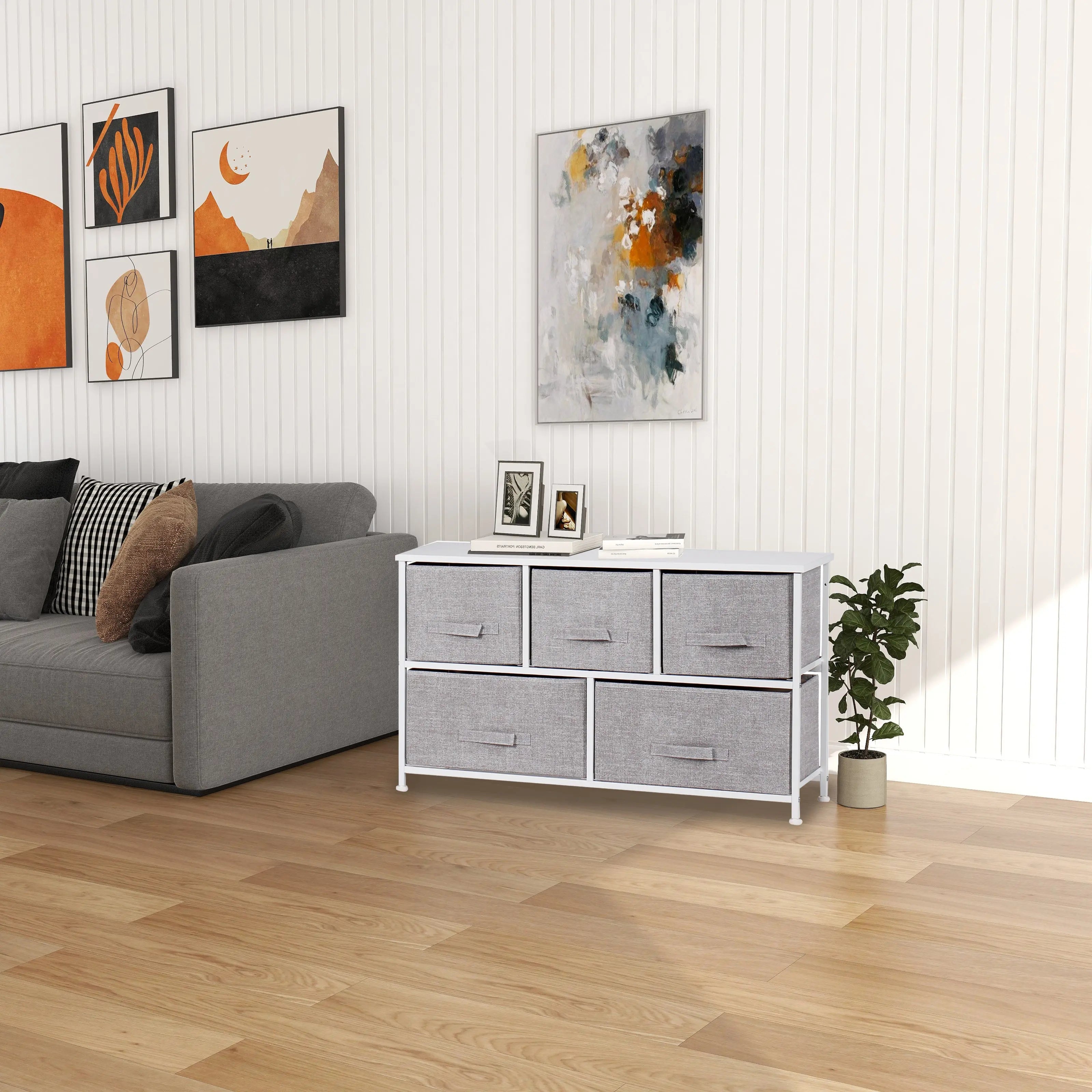 Cómoda baja de 5 cajones almacenamiento para hogar y oficina, organizador cajonera de estructura metal y cajones de tela no tejida MU:4LIFE