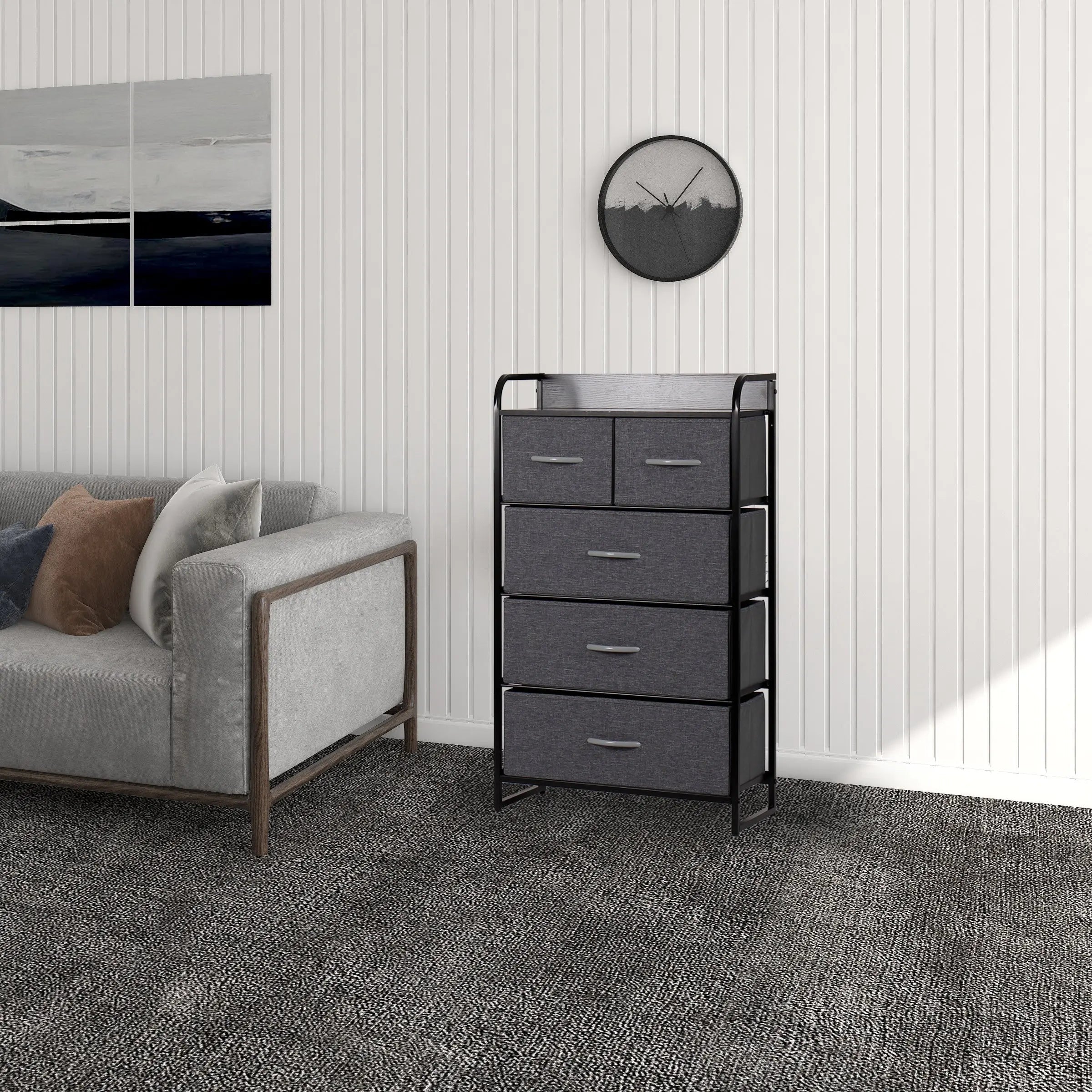 Cómoda de 5 cajones almacenamiento para hogar y oficina, organizador cajonera de estructura metal y cajones de tela lino poliéster y tela No Tejida MU:4LIFE