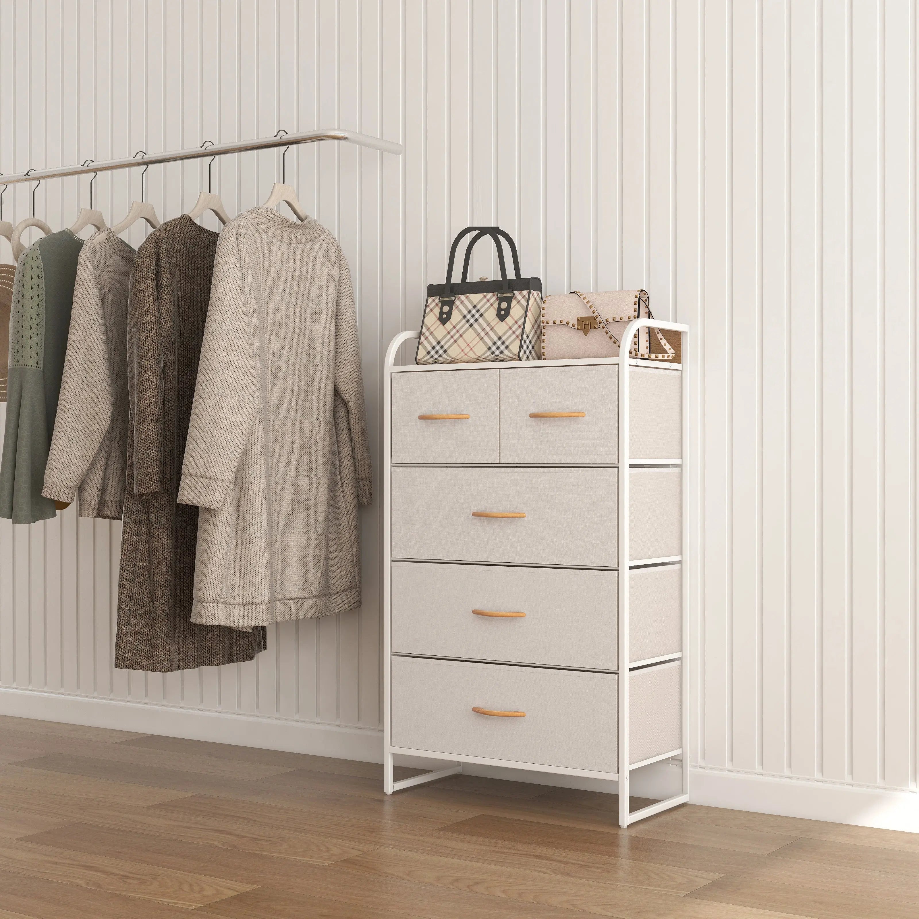 Cómoda de 5 cajones almacenamiento para hogar y oficina, organizador cajonera de estructura metal y cajones de tela lino poliéster y tela No Tejida MU:4LIFE