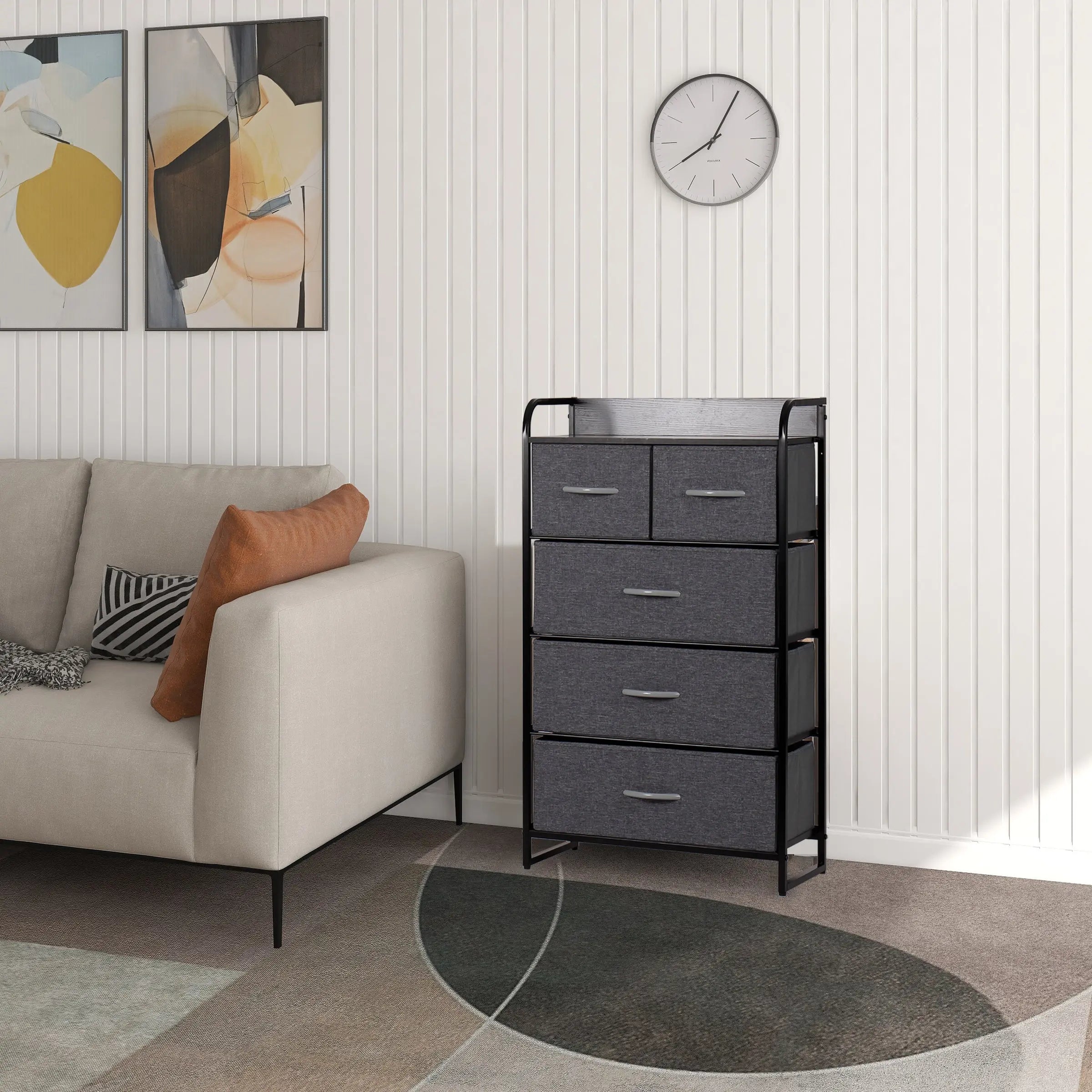 Cómoda de 5 cajones almacenamiento para hogar y oficina, organizador cajonera de estructura metal y cajones de tela lino poliéster y tela No Tejida MU:4LIFE