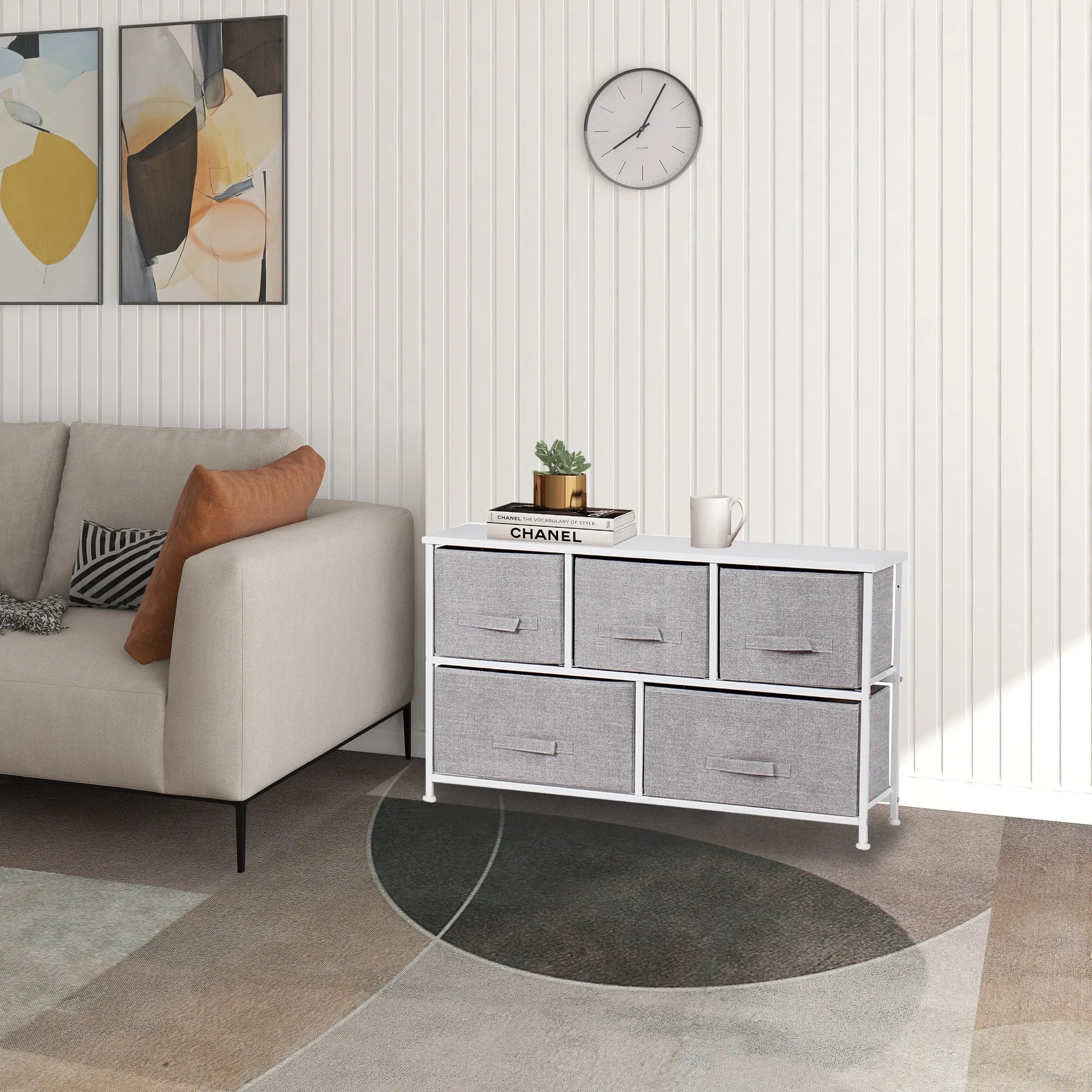 Cómoda baja de 5 cajones almacenamiento para hogar y oficina, organizador cajonera de estructura metal y cajones de tela no tejida MU:4LIFE