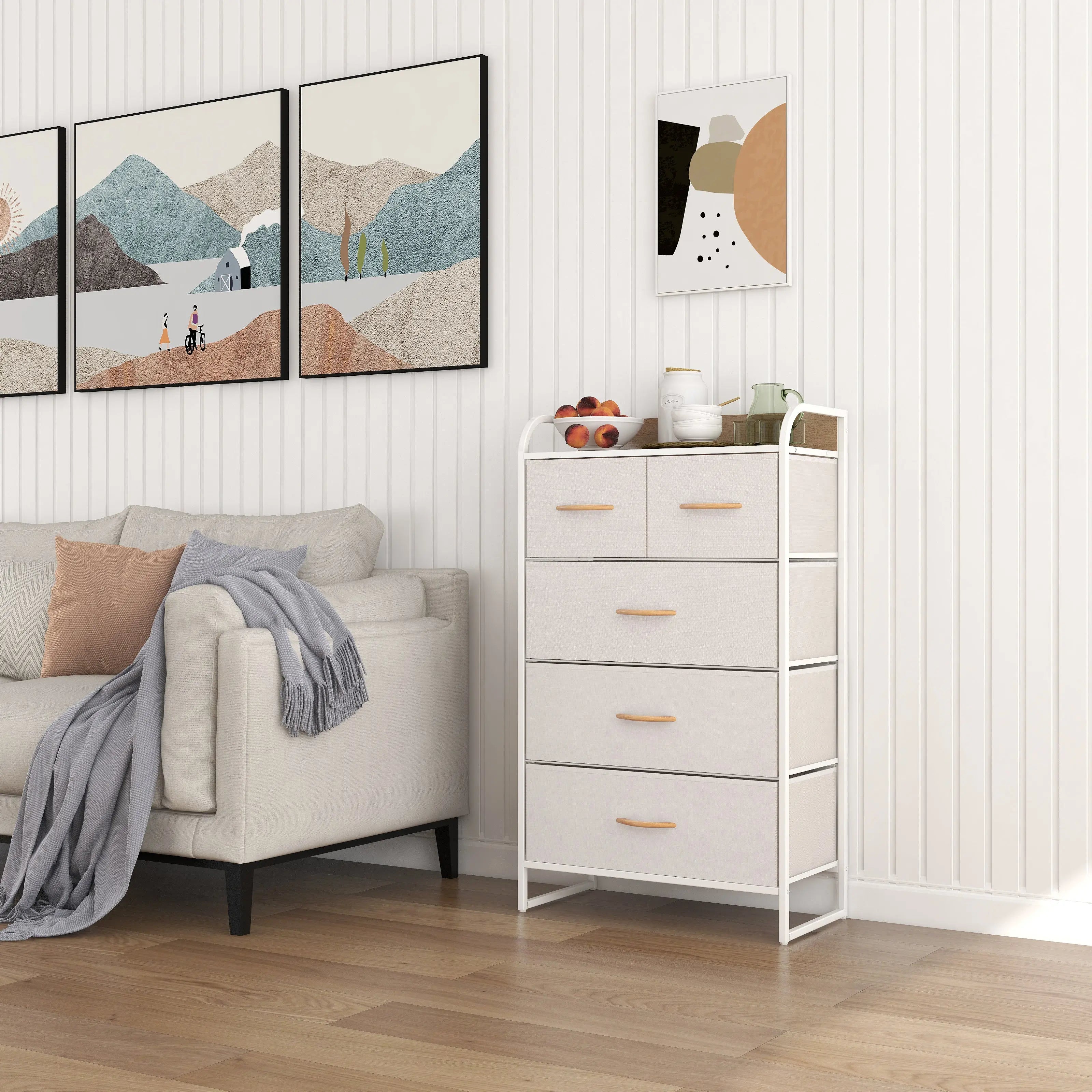 Cómoda de 5 cajones almacenamiento para hogar y oficina, organizador cajonera de estructura metal y cajones de tela lino poliéster y tela No Tejida MU:4LIFE