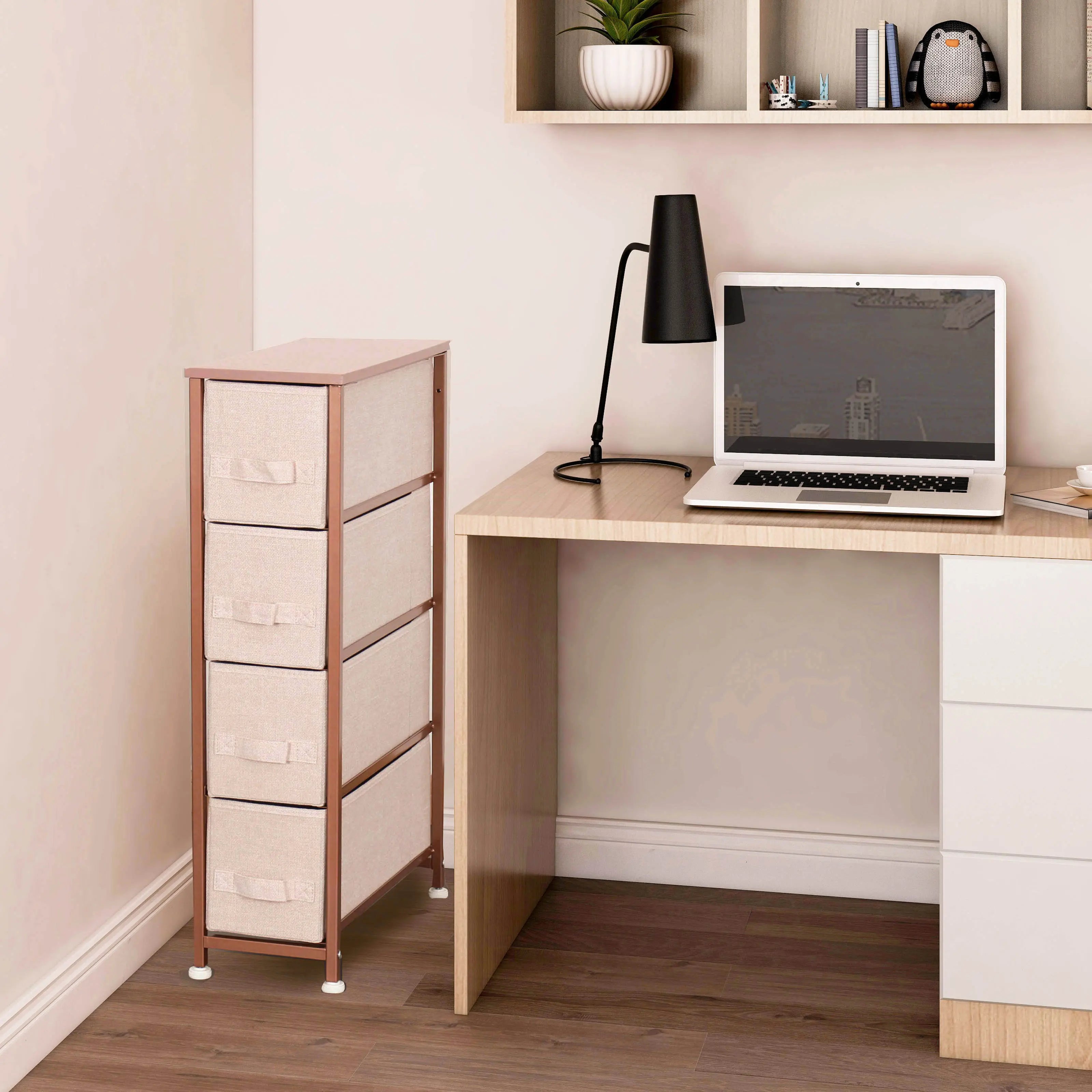 Cómoda estrecha de 4 cajones almacenamiento para hogar y oficina, organizador cajonera de estructura metal y cajones tela no tejida MU:4LIFE