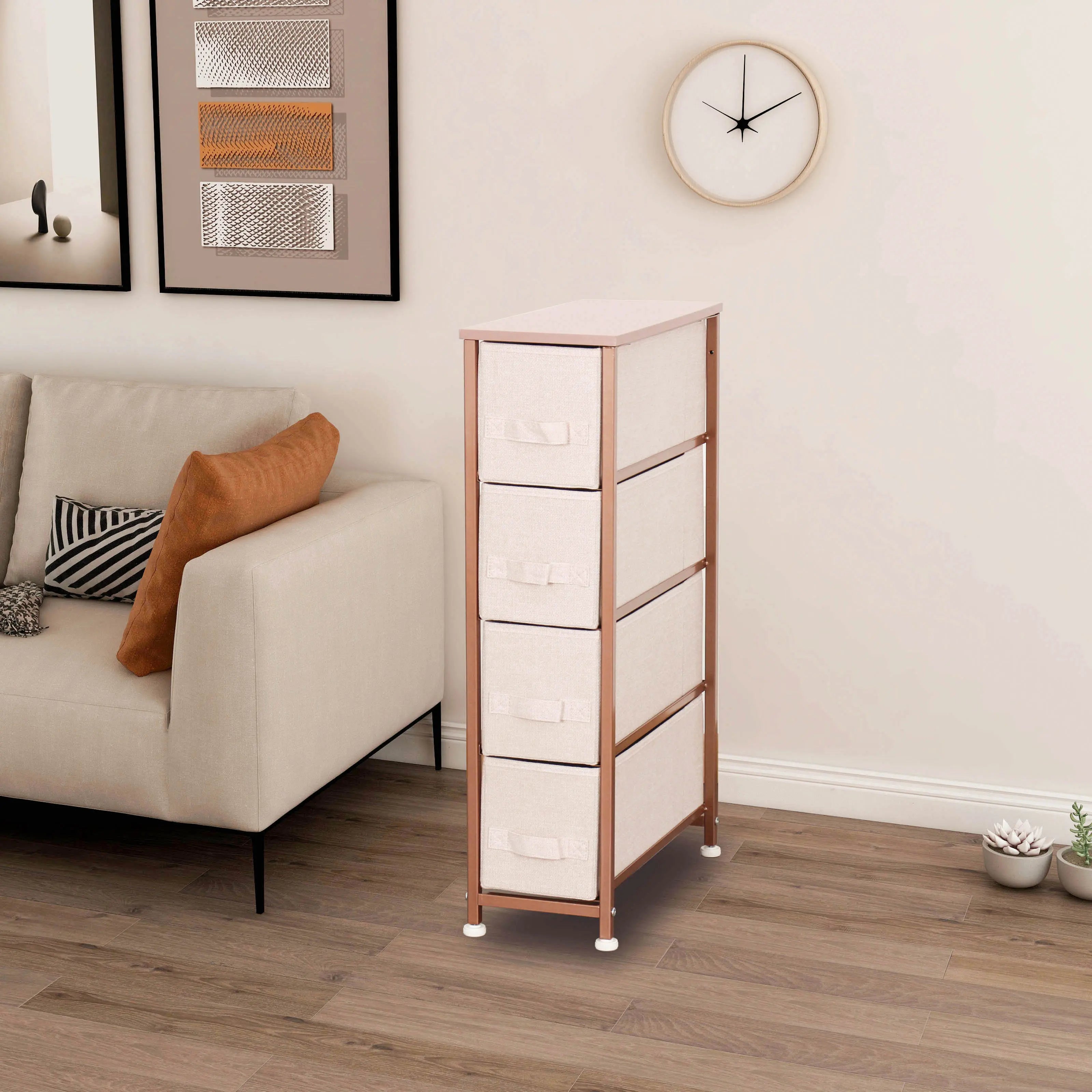 Cómoda estrecha de 4 cajones almacenamiento para hogar y oficina, organizador cajonera de estructura metal y cajones tela no tejida MU:4LIFE