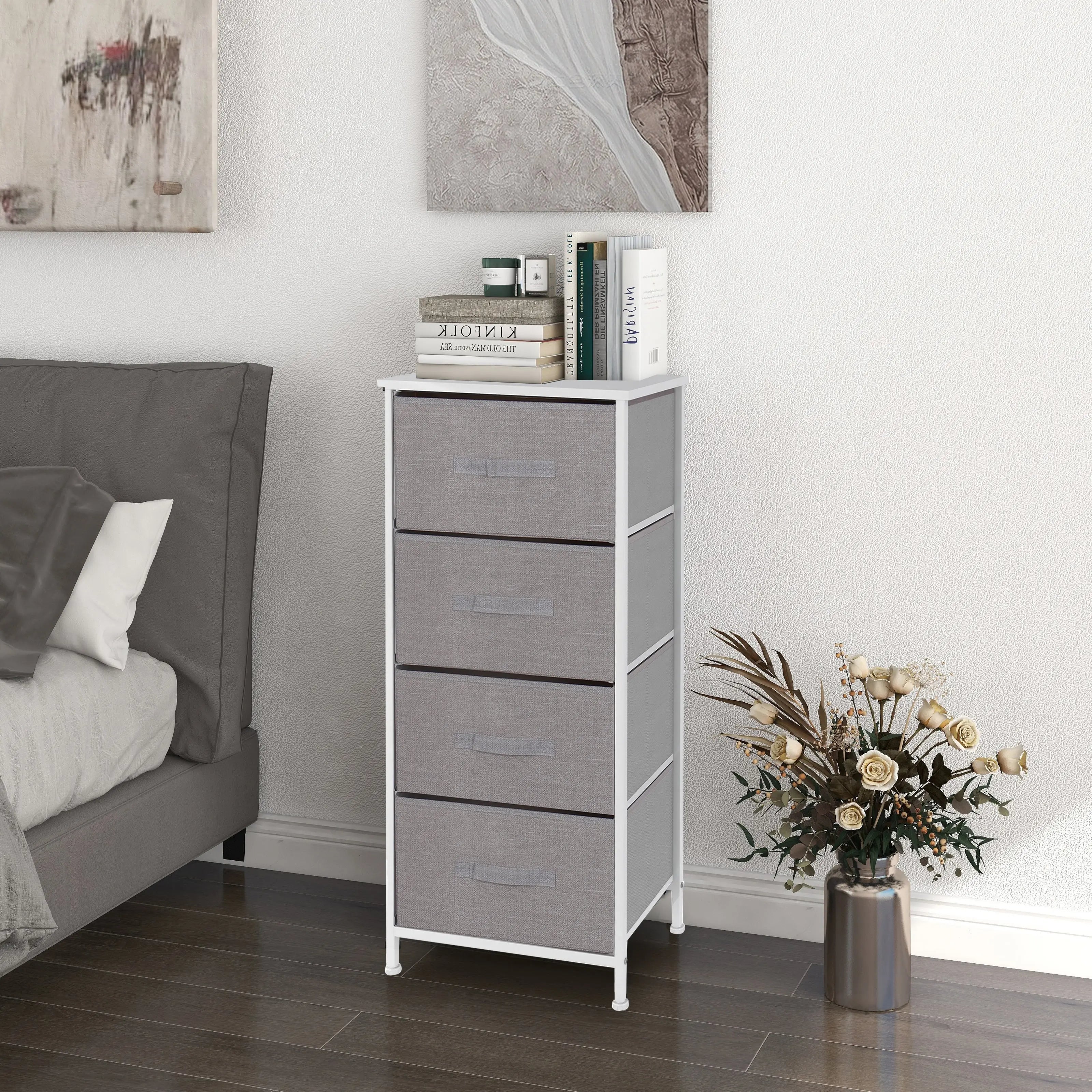 Cómoda de 4 cajones almacenamiento para hogar y oficina, organizador cajonera de estructura metal y cajones tela no tejida MU:4LIFE