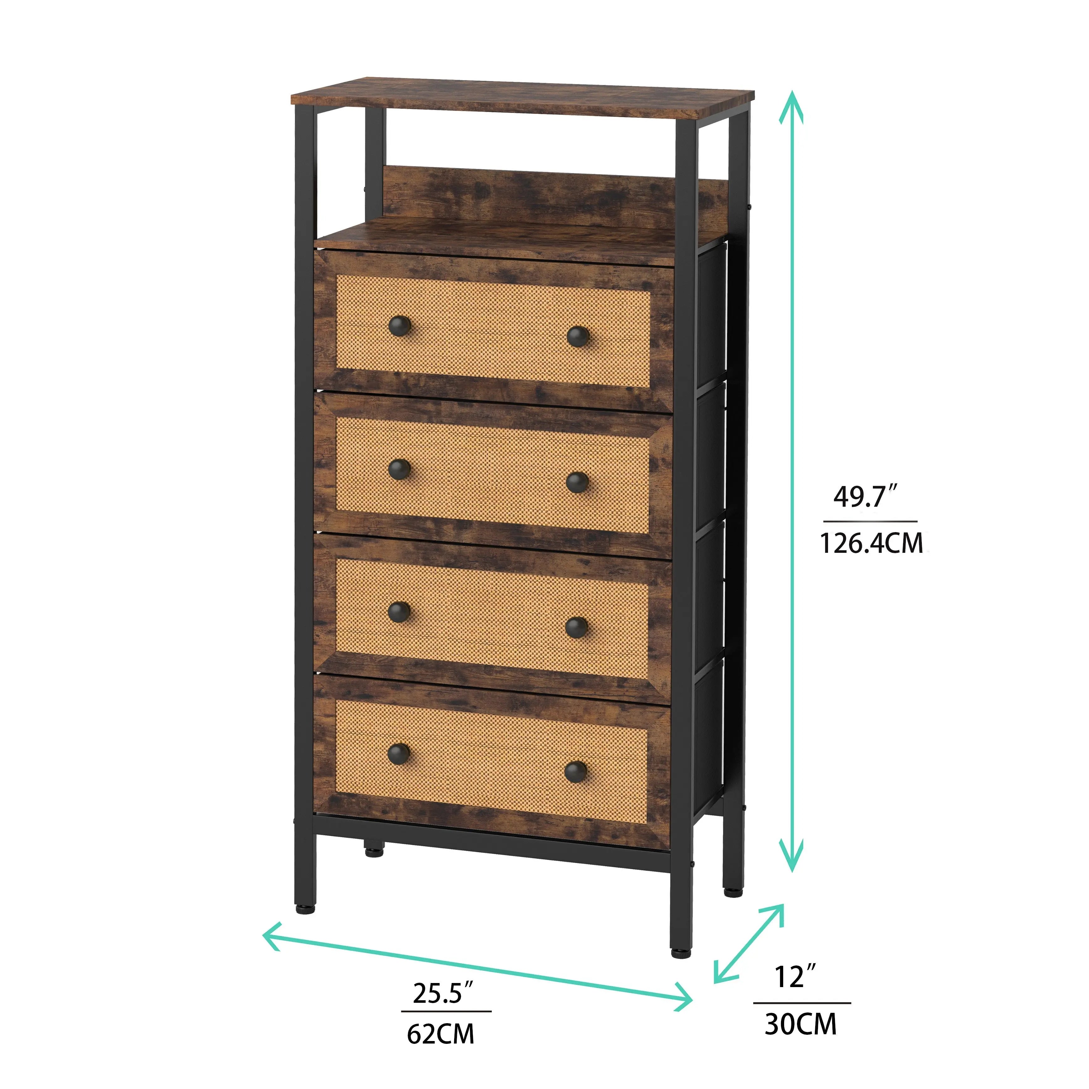 Cómoda vintage De 4 cajones con balda almacenamiento para hogar y oficina, organizador cajonera de estructura metal y cajones de tela no tejida y ratán MU:4LIFE