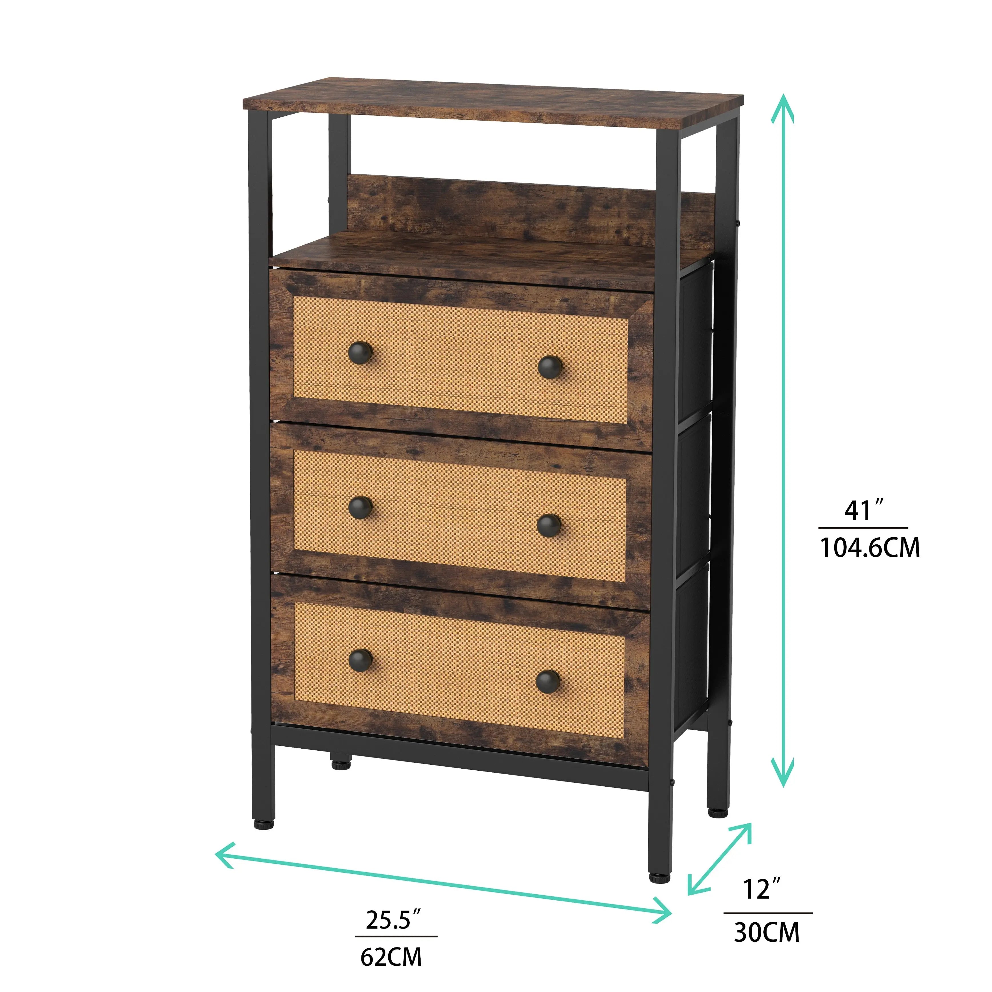 Cómoda vintage de 3 cajones con balda almacenamiento para hogar y oficina, organizador cajonera de estructura metal y cajones de tela no tejida y ratán MU:4LIFE