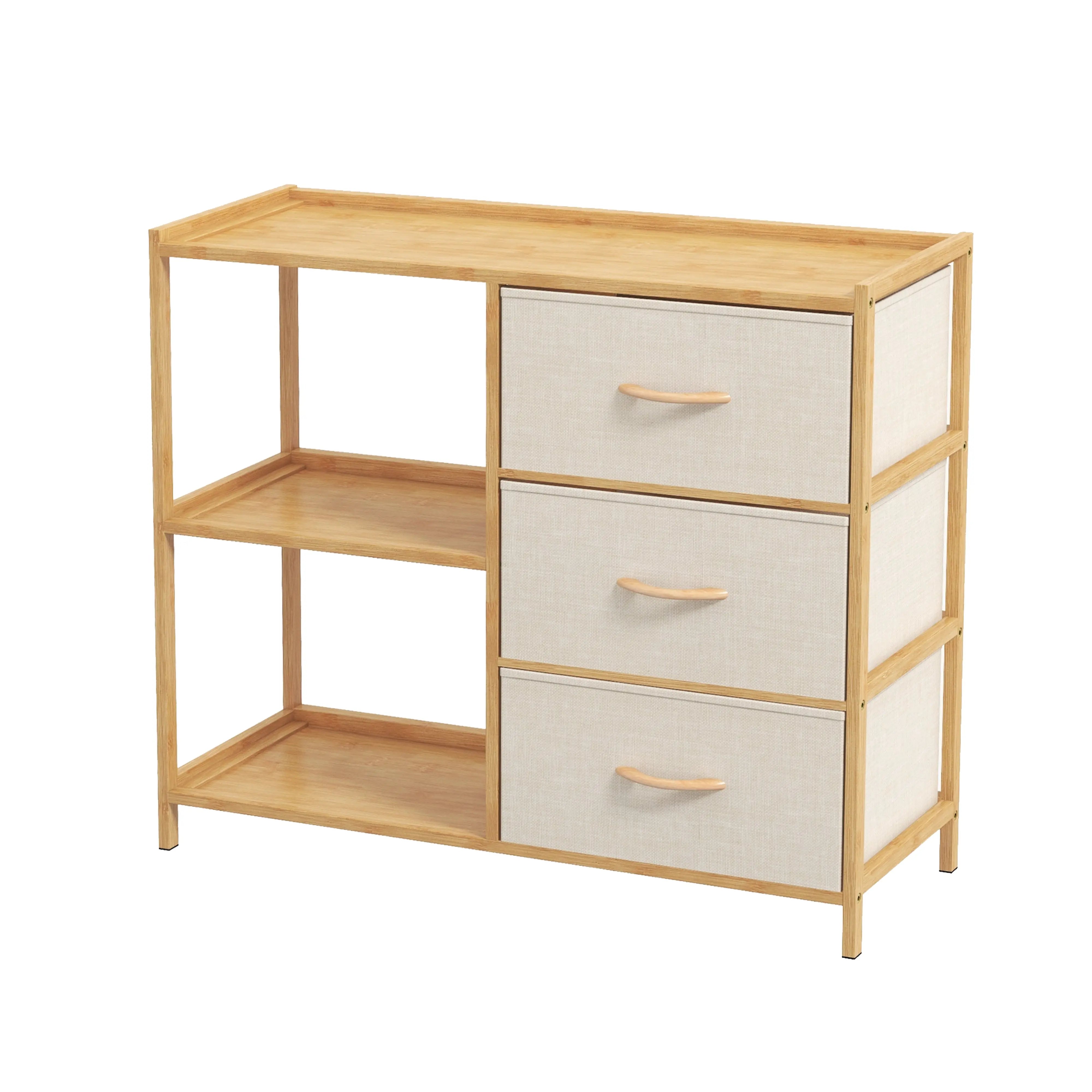 Estantería y cómoda ancha bambú de cajones y estantes de estructura bambú y cajones de tela lino poliéster y tela no tejida MU:4LIFE