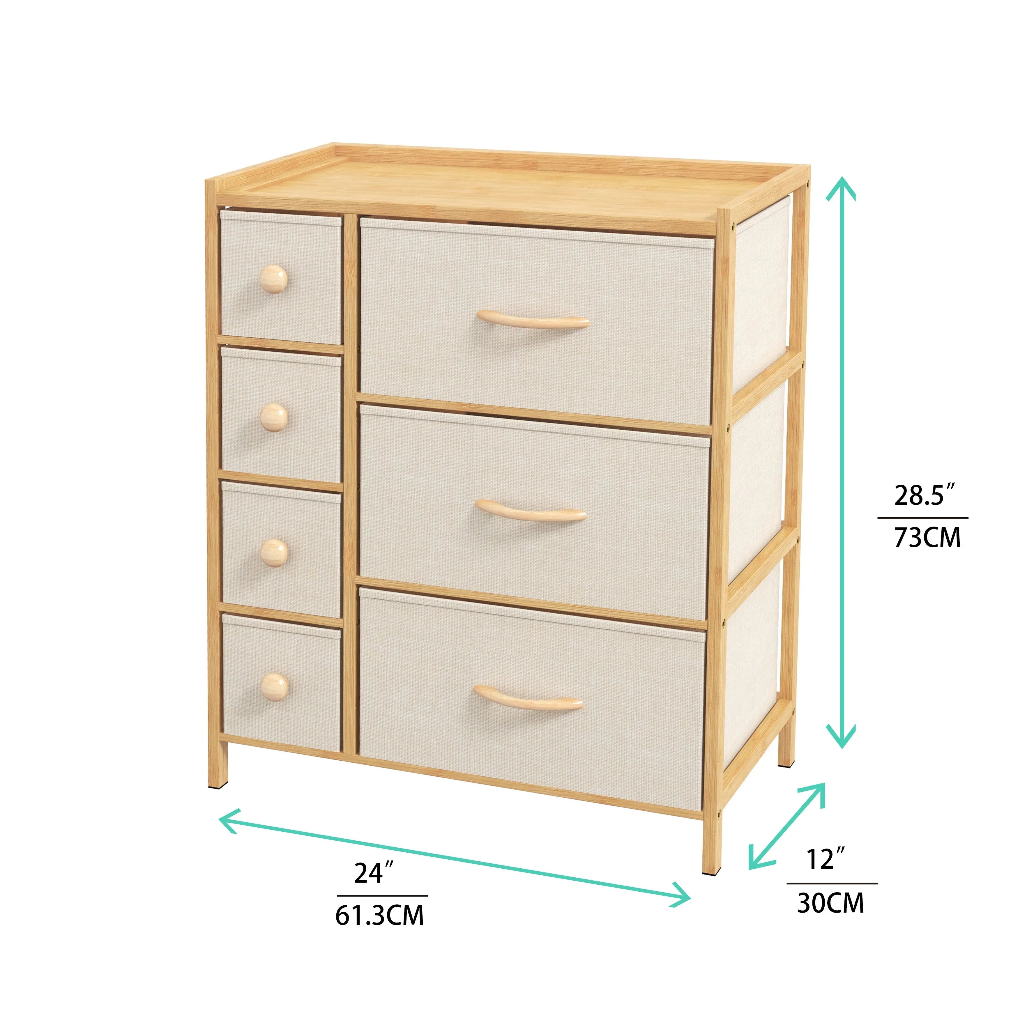 Cómoda bambú de 7 cajones almacenamiento para hogar y oficina, organizador cajonera de estructura bambú y cajones de tela lino poliéster y tela no tejida MU:4LIFE