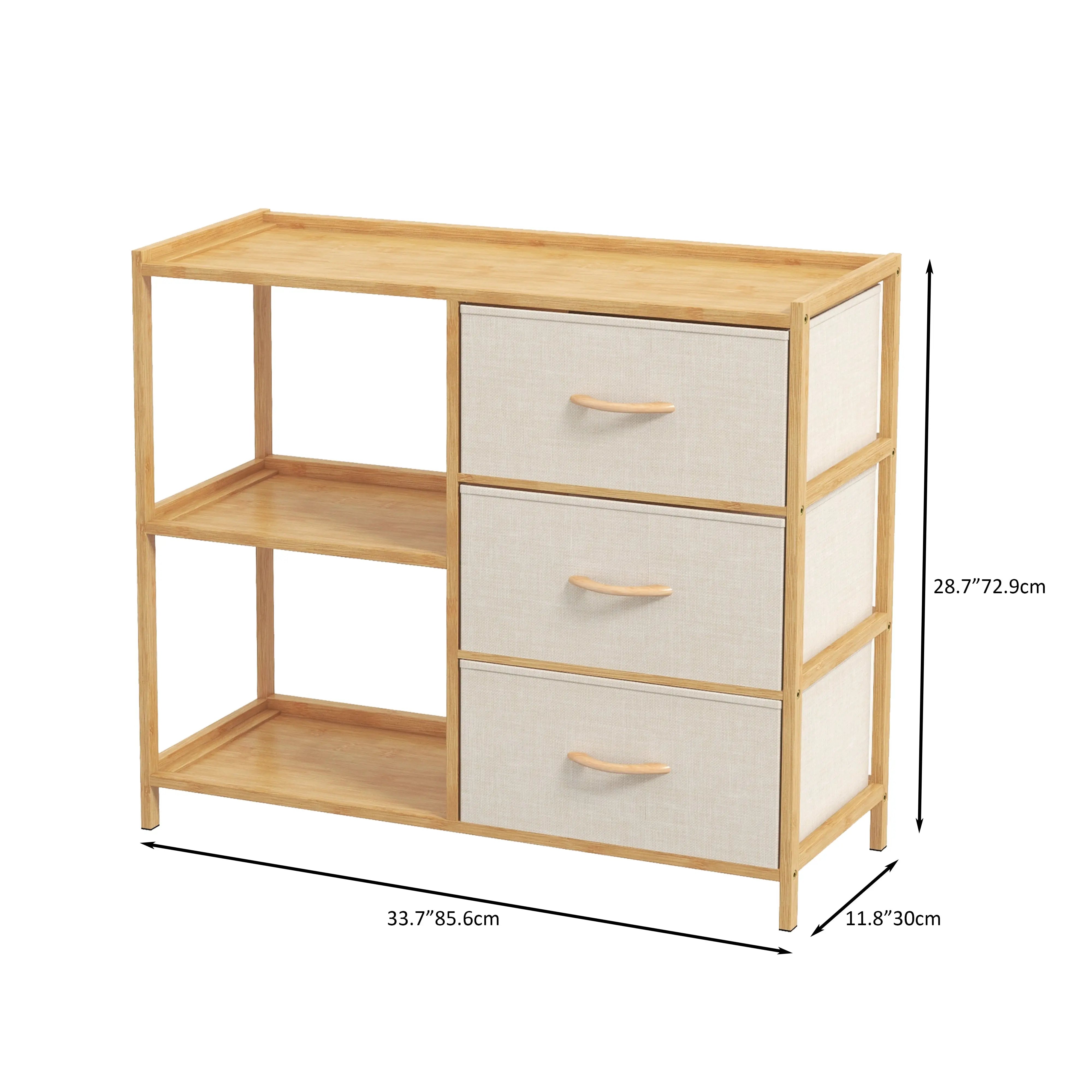 Estantería y cómoda ancha bambú de cajones y estantes de estructura bambú y cajones de tela lino poliéster y tela no tejida MU:4LIFE