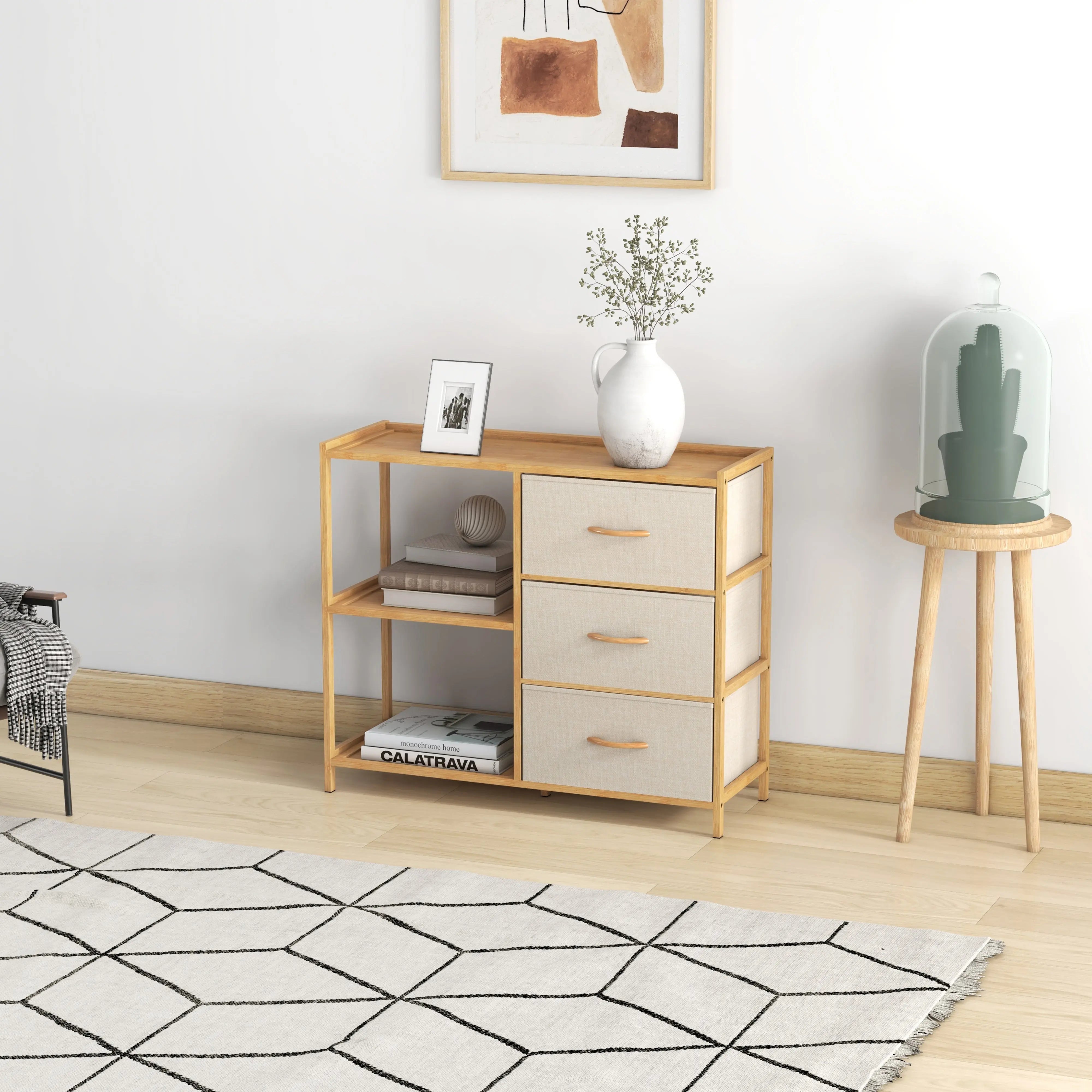 Estantería y cómoda ancha bambú de cajones y estantes de estructura bambú y cajones de tela lino poliéster y tela no tejida MU:4LIFE