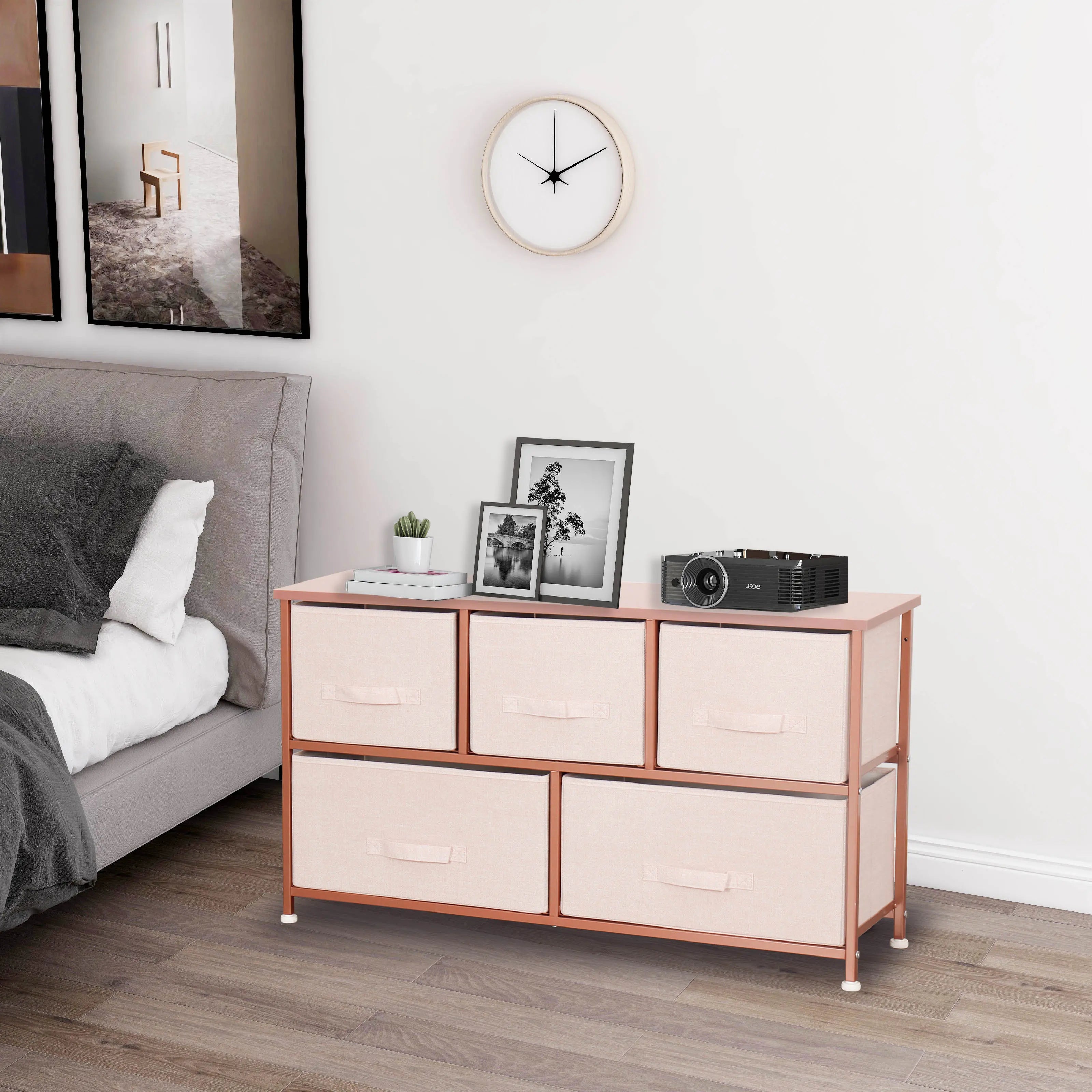 Cómoda baja de 5 cajones almacenamiento para hogar y oficina, organizador cajonera de estructura metal y cajones de tela no tejida MU:4LIFE