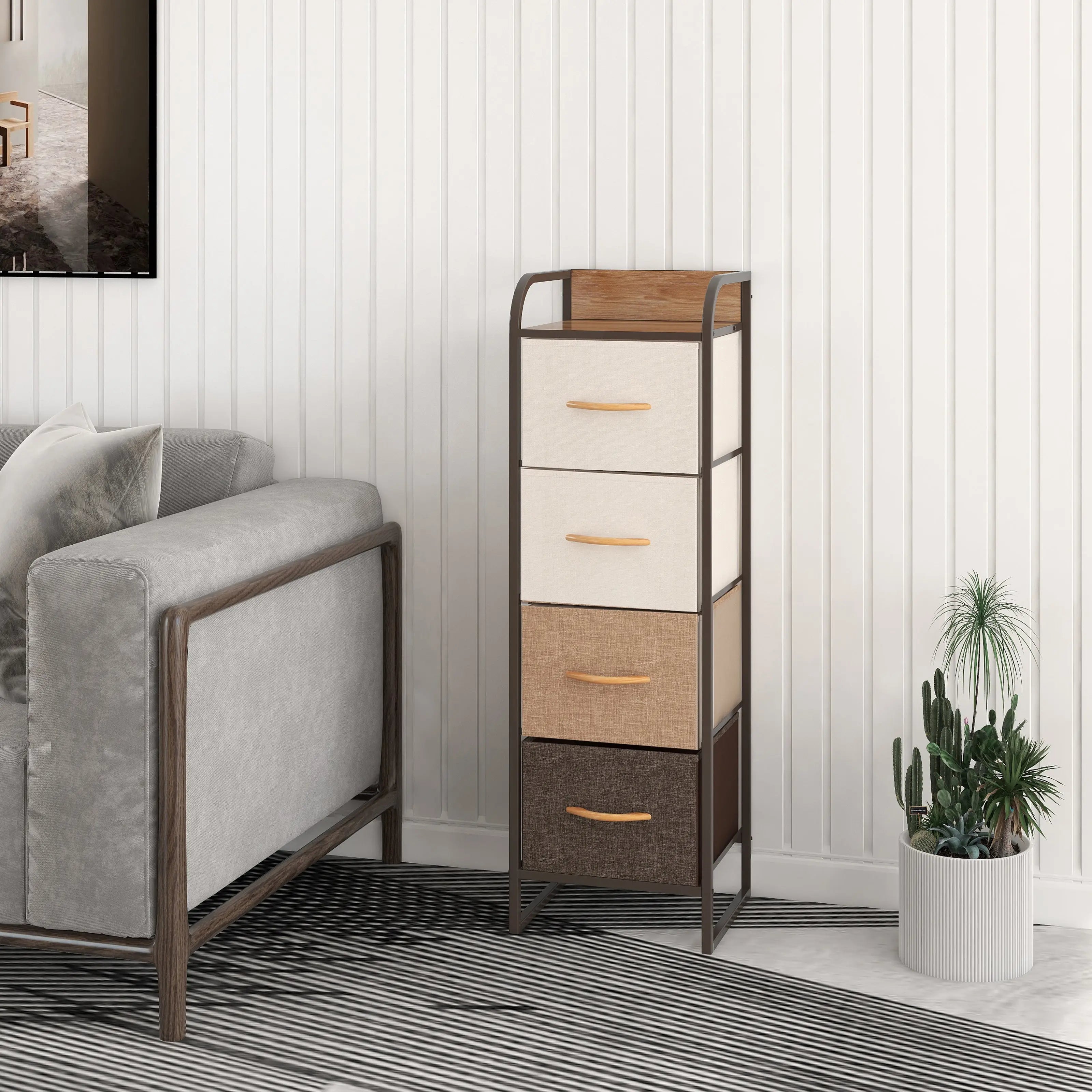Cómoda compacta de 4 cajones almacenamiento para hogar y oficina, organizador cajonera de estructura metal y cajones de tela lino poliéster y tela no tejida MU:4LIFE