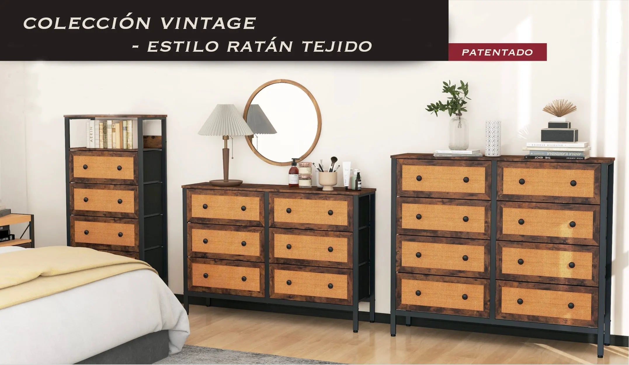 Cómoda vintage de 3 cajones con balda almacenamiento para hogar y oficina, organizador cajonera de estructura metal y cajones de tela no tejida y ratán MU:4LIFE