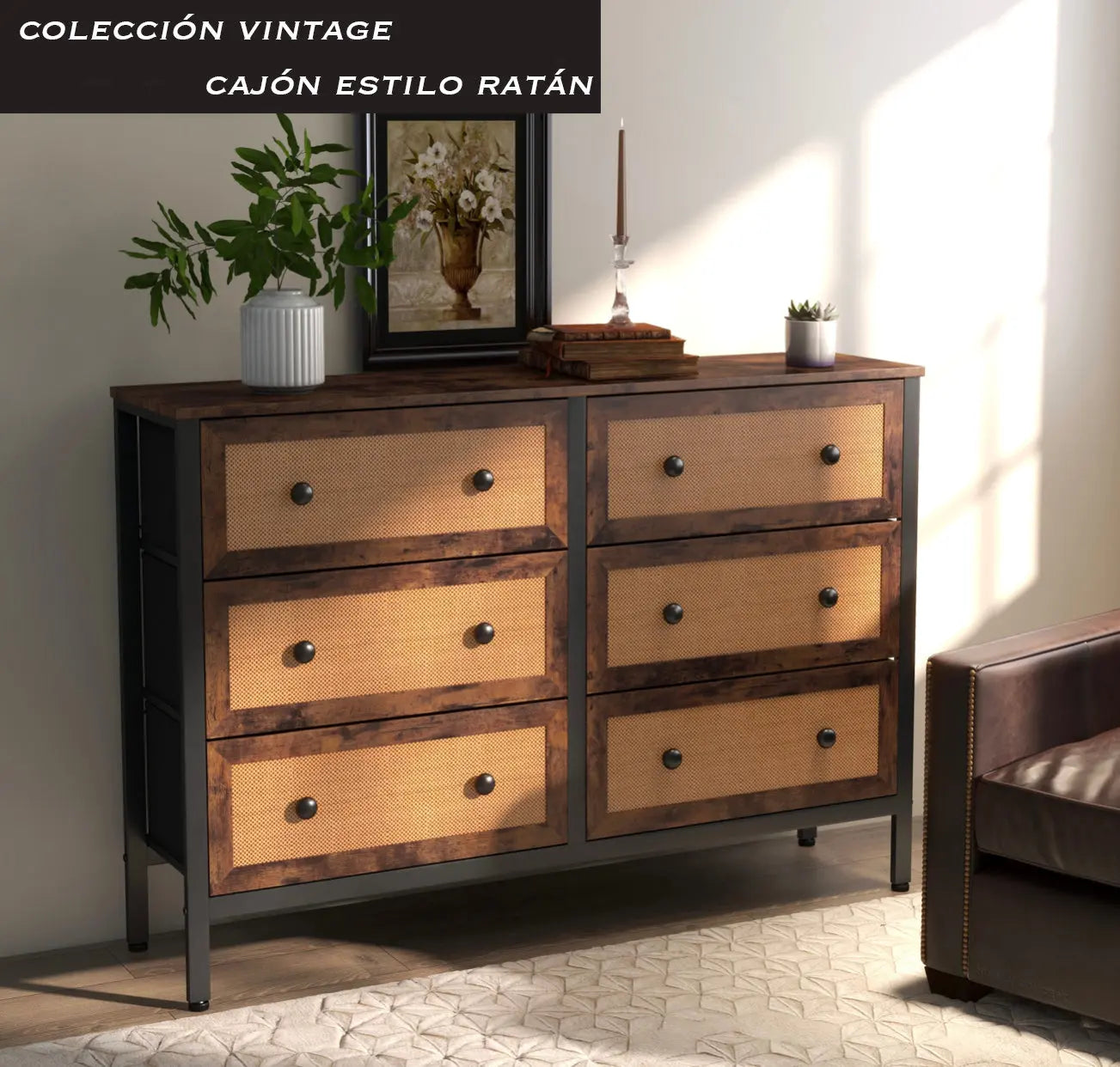 Cómoda vintage de 6 cajones almacenamiento para hogar y oficina, organizador cajonera de estructura metal y cajones de tela no tejida y ratán MU:4LIFE