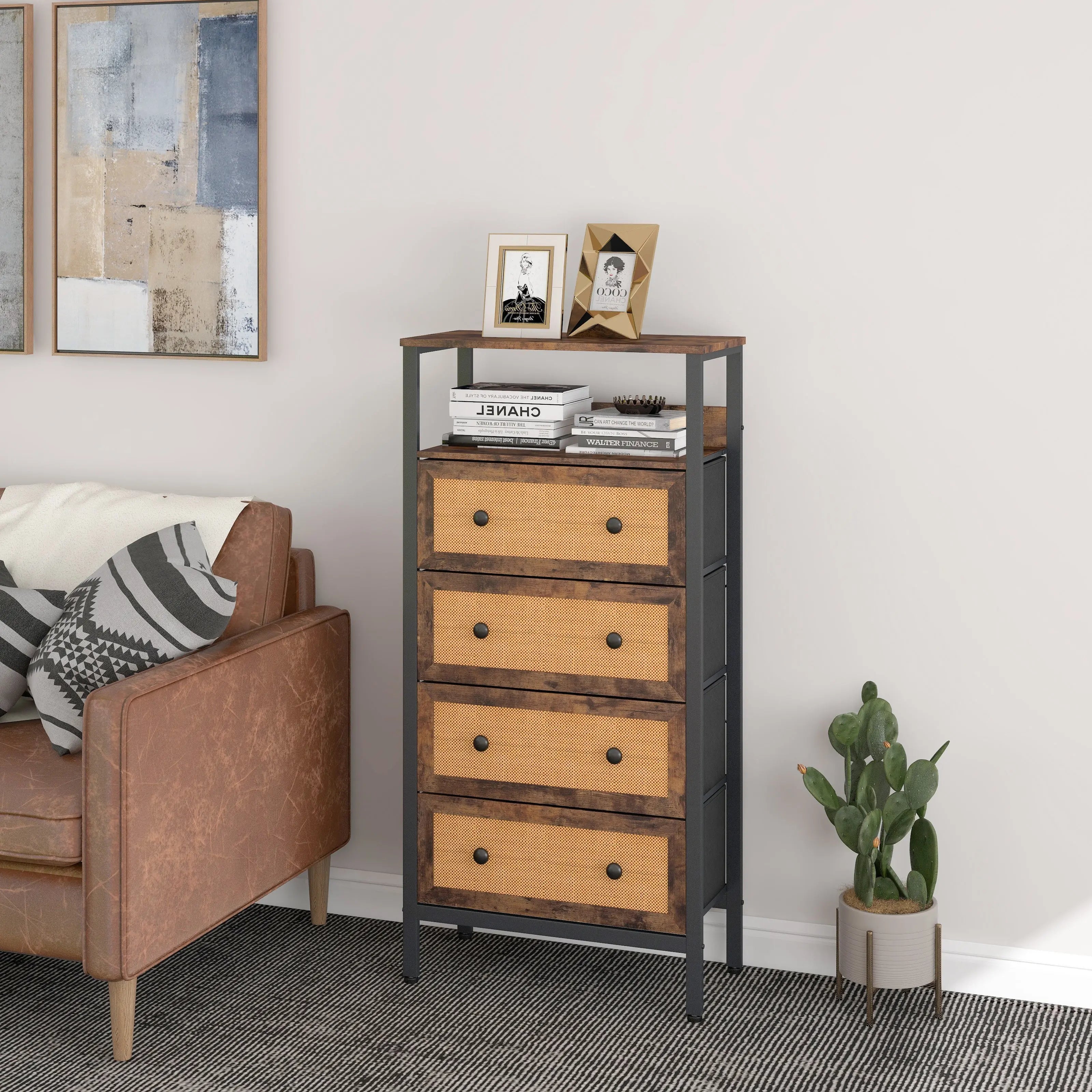 Cómoda vintage De 4 cajones con balda almacenamiento para hogar y oficina, organizador cajonera de estructura metal y cajones de tela no tejida y ratán MU:4LIFE