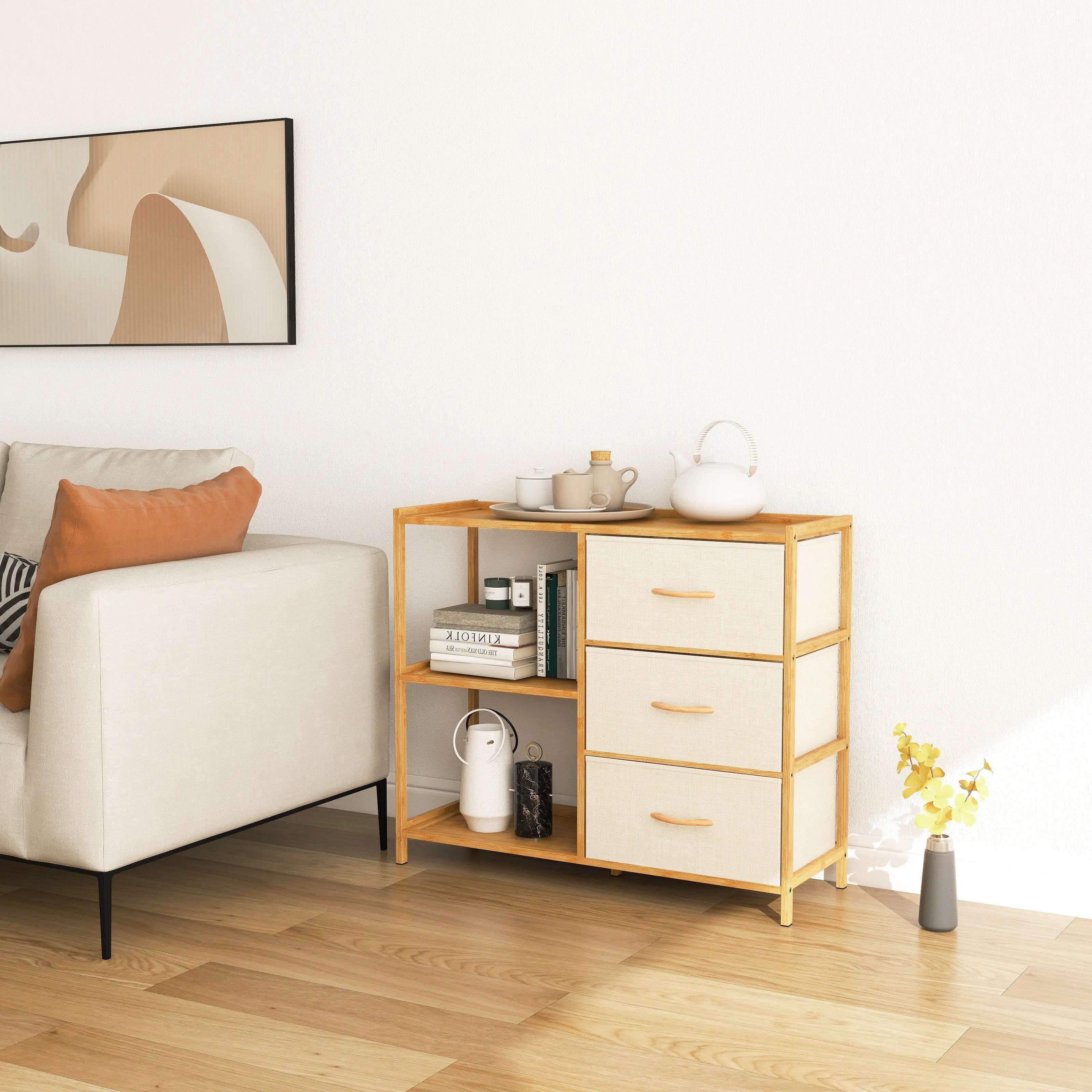 Estantería y cómoda ancha bambú de cajones y estantes de estructura bambú y cajones de tela lino poliéster y tela no tejida MU:4LIFE