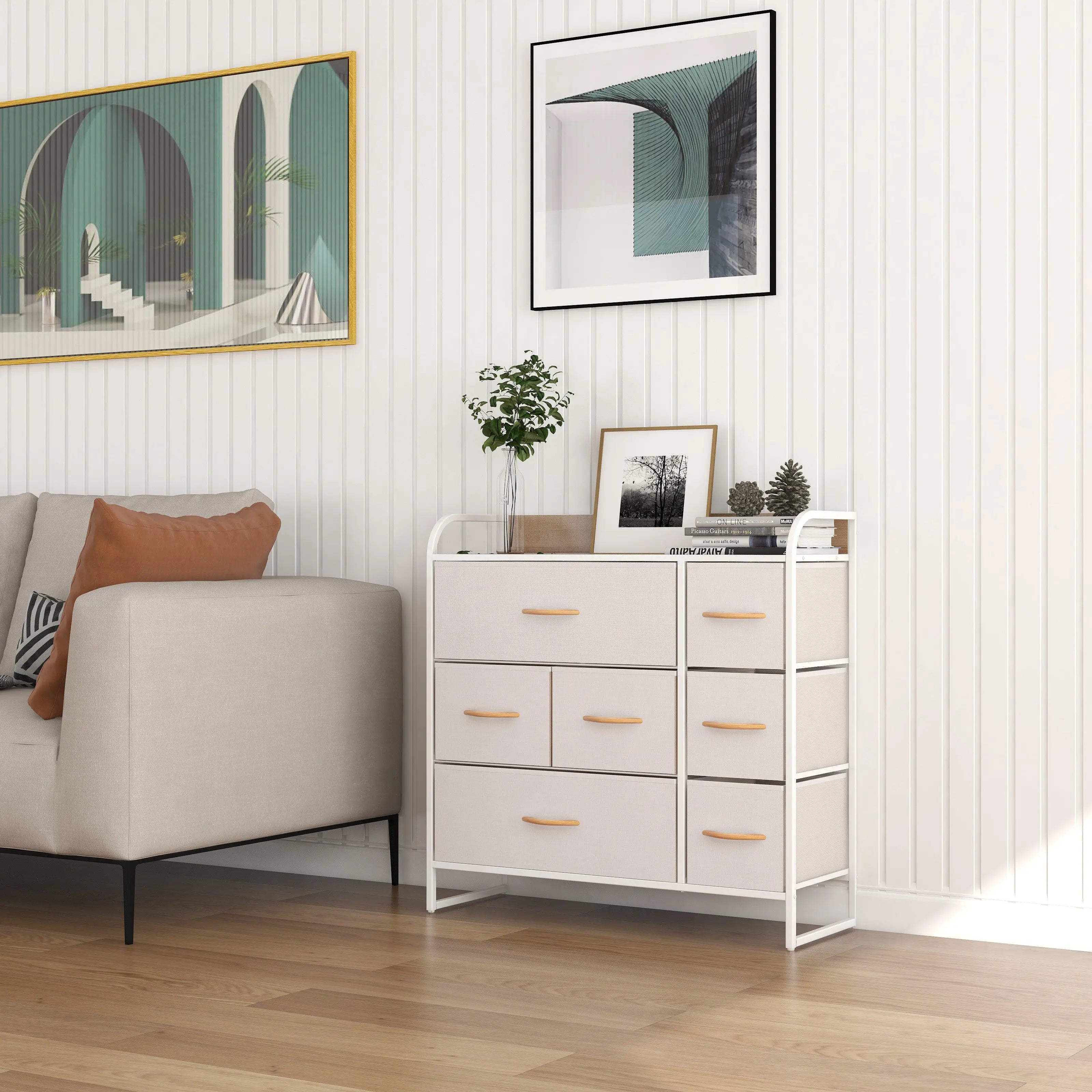 Cómoda de gran capacidad de 7 cajones almacenamiento para hogar y oficina, organizador cajonera de estructura metal y cajones de tela lino poliéster y tela no tejida MU:4LIFE