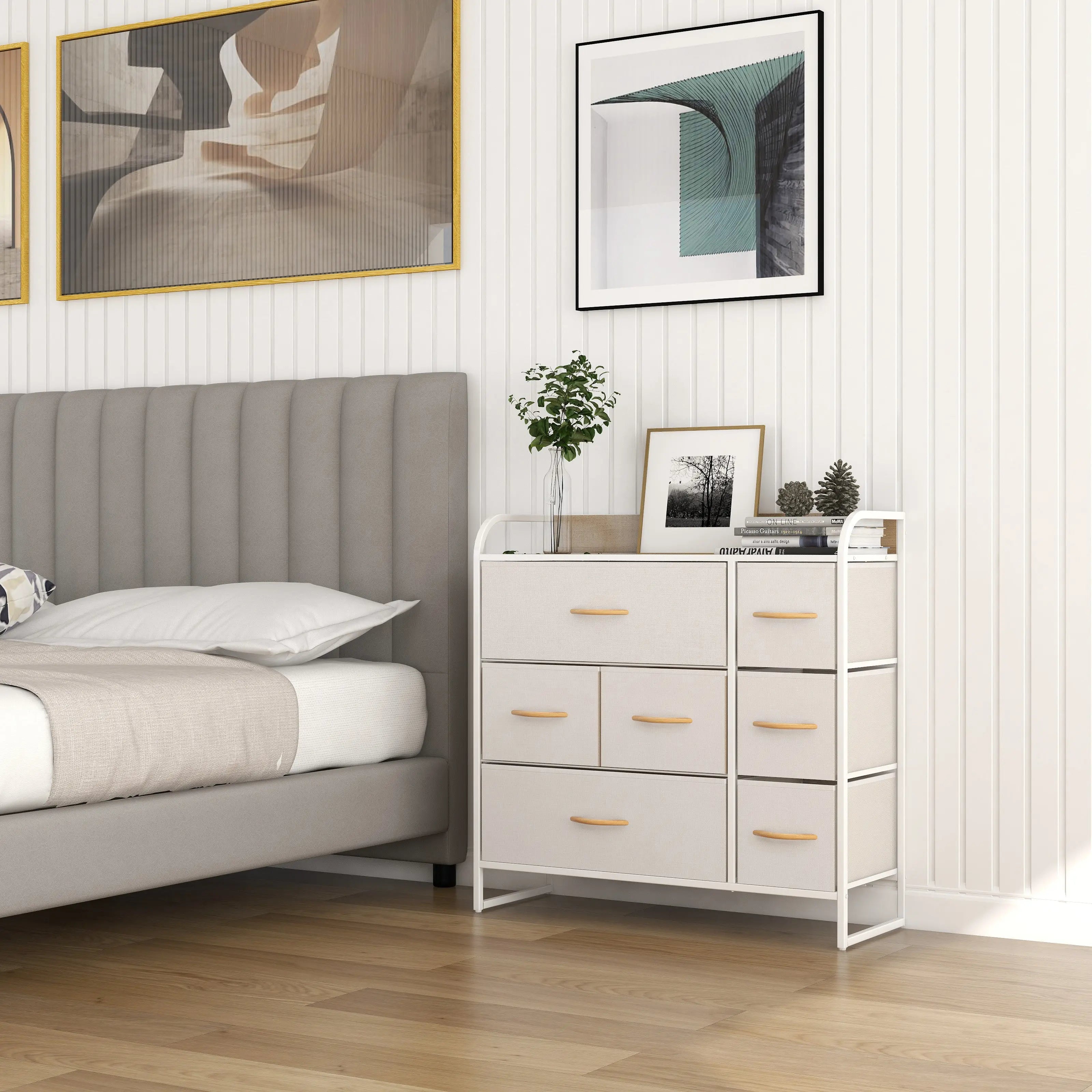 Cómoda de gran capacidad de 7 cajones almacenamiento para hogar y oficina, organizador cajonera de estructura metal y cajones de tela lino poliéster y tela no tejida MU:4LIFE