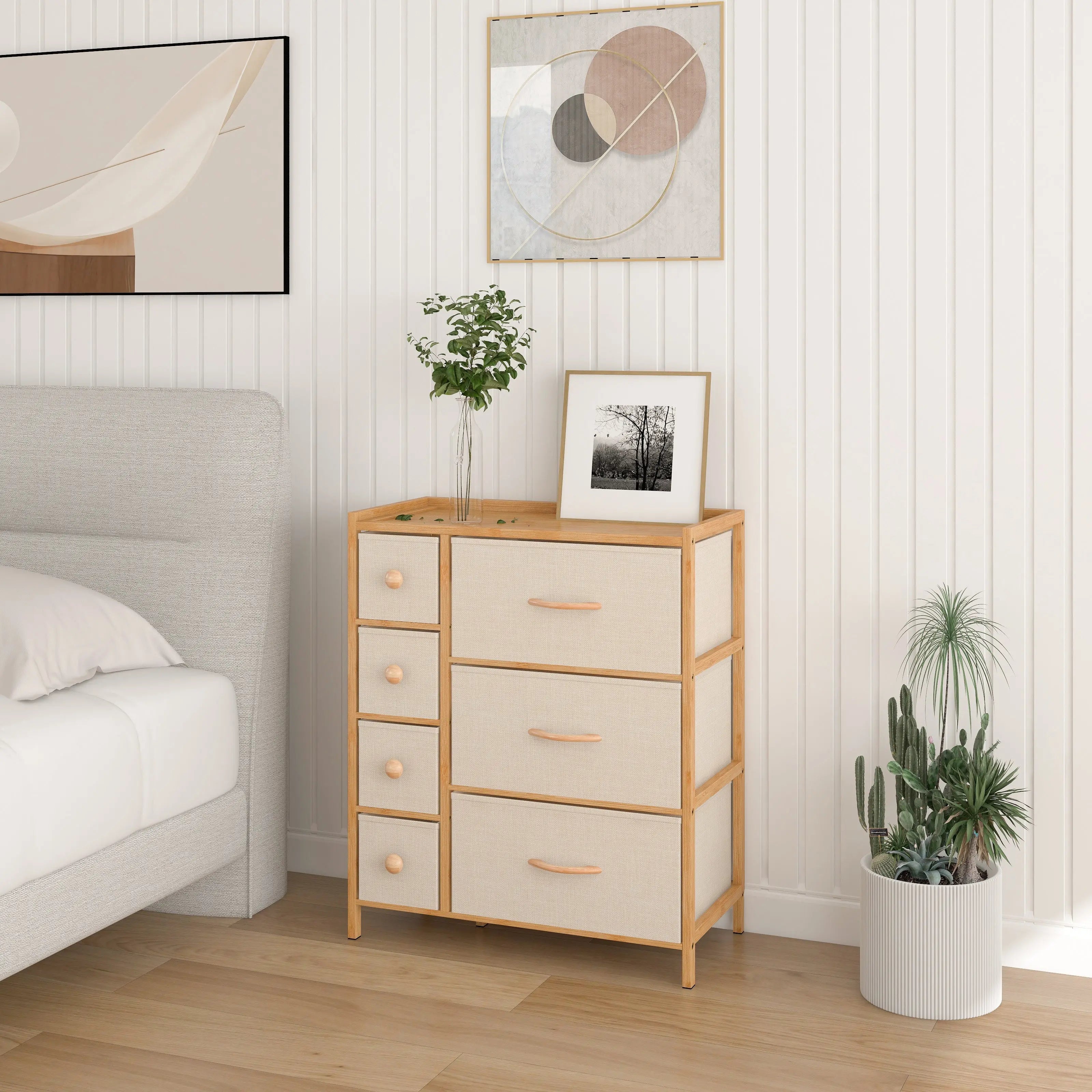 Cómoda bambú de 7 cajones almacenamiento para hogar y oficina, organizador cajonera de estructura bambú y cajones de tela lino poliéster y tela no tejida MU:4LIFE