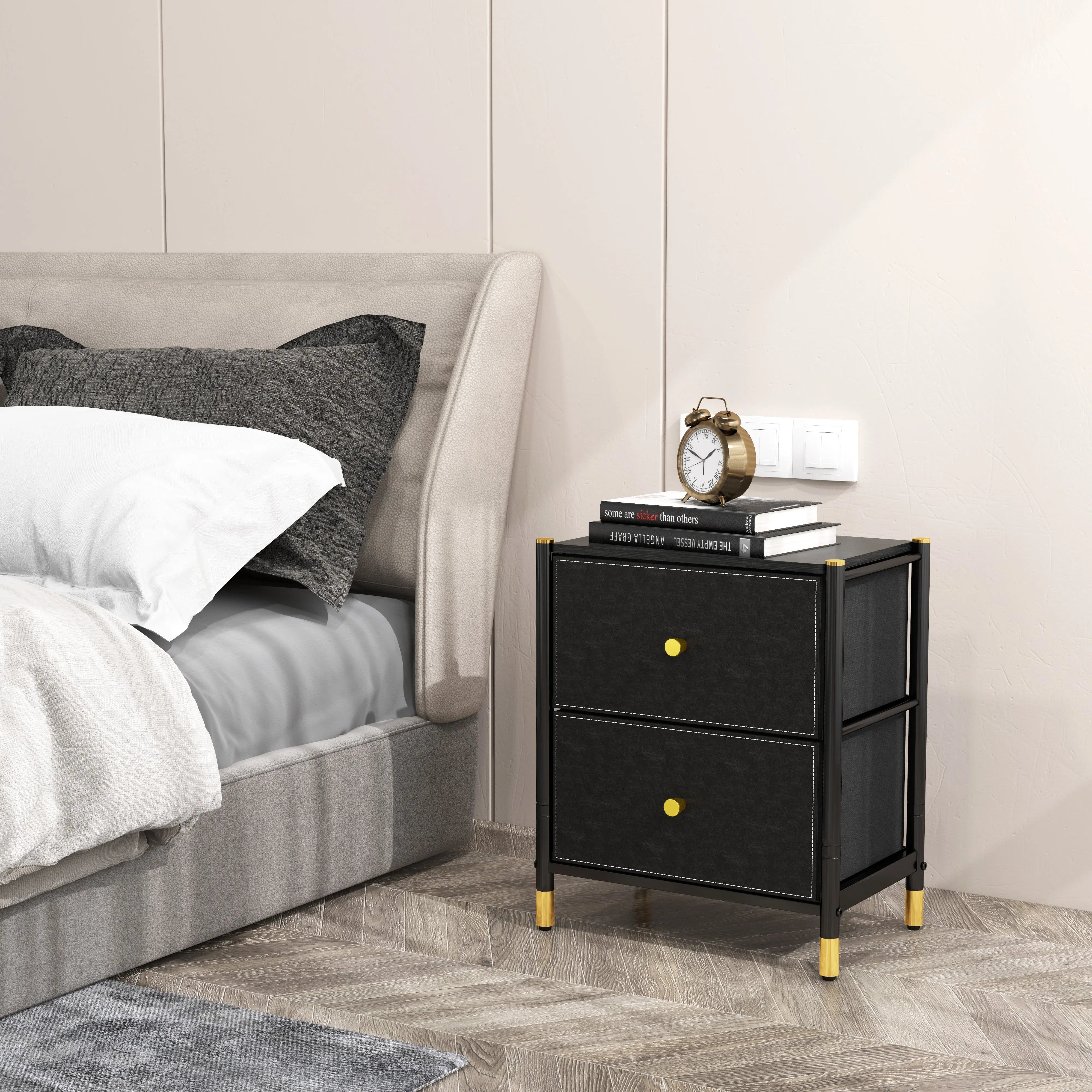 Buró de 2 Cajones para Recámara y Sala, Cómoda con Estructura de Metal, Tabla de MDF y Cajones de Tela No Tejida con Cubiertas de Cuero PU MU:4LIFE