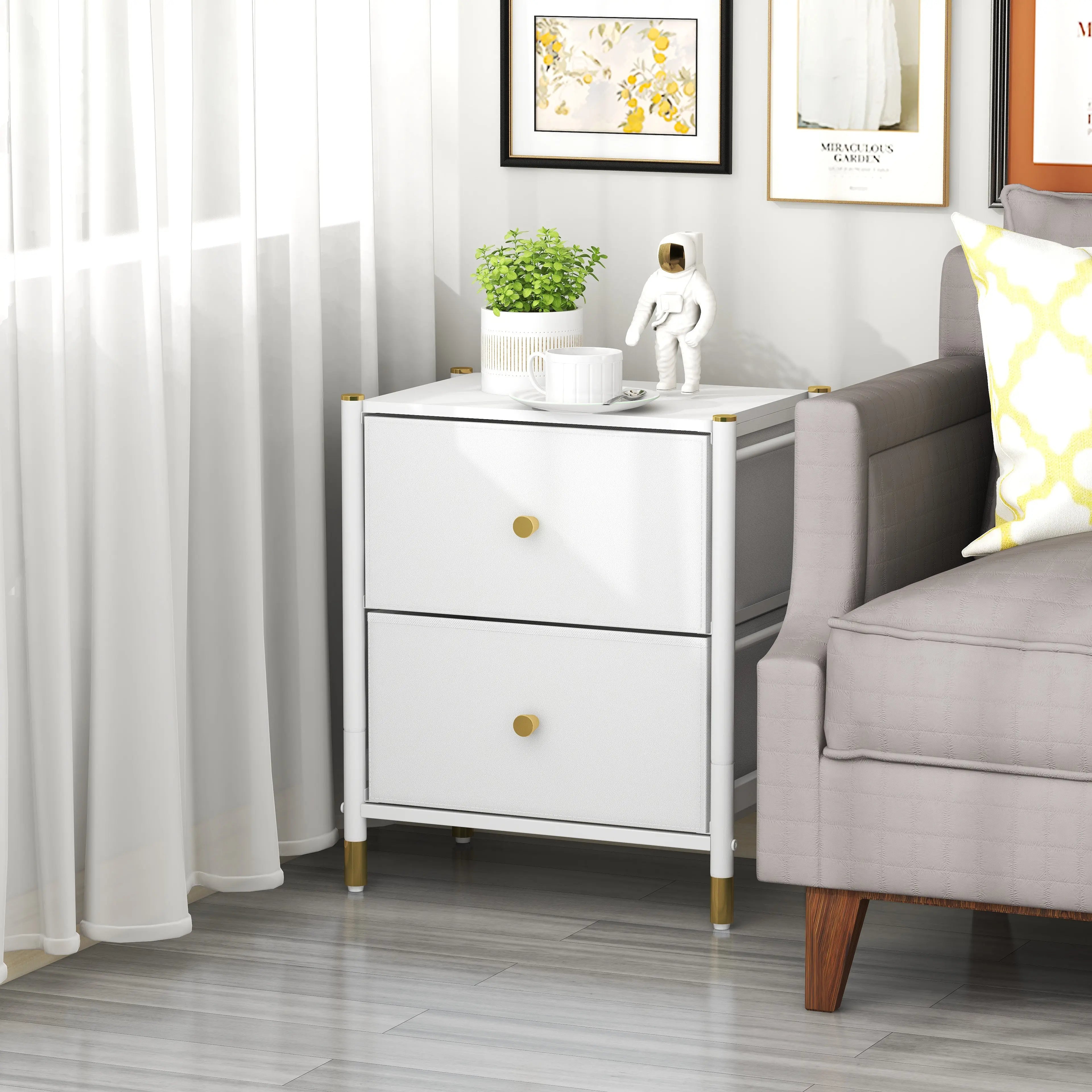 Buró de 2 Cajones para Recámara y Sala, Cómoda con Estructura de Metal, Tabla de MDF y Cajones de Tela No Tejida con Cubiertas de Cuero PU MU:4LIFE