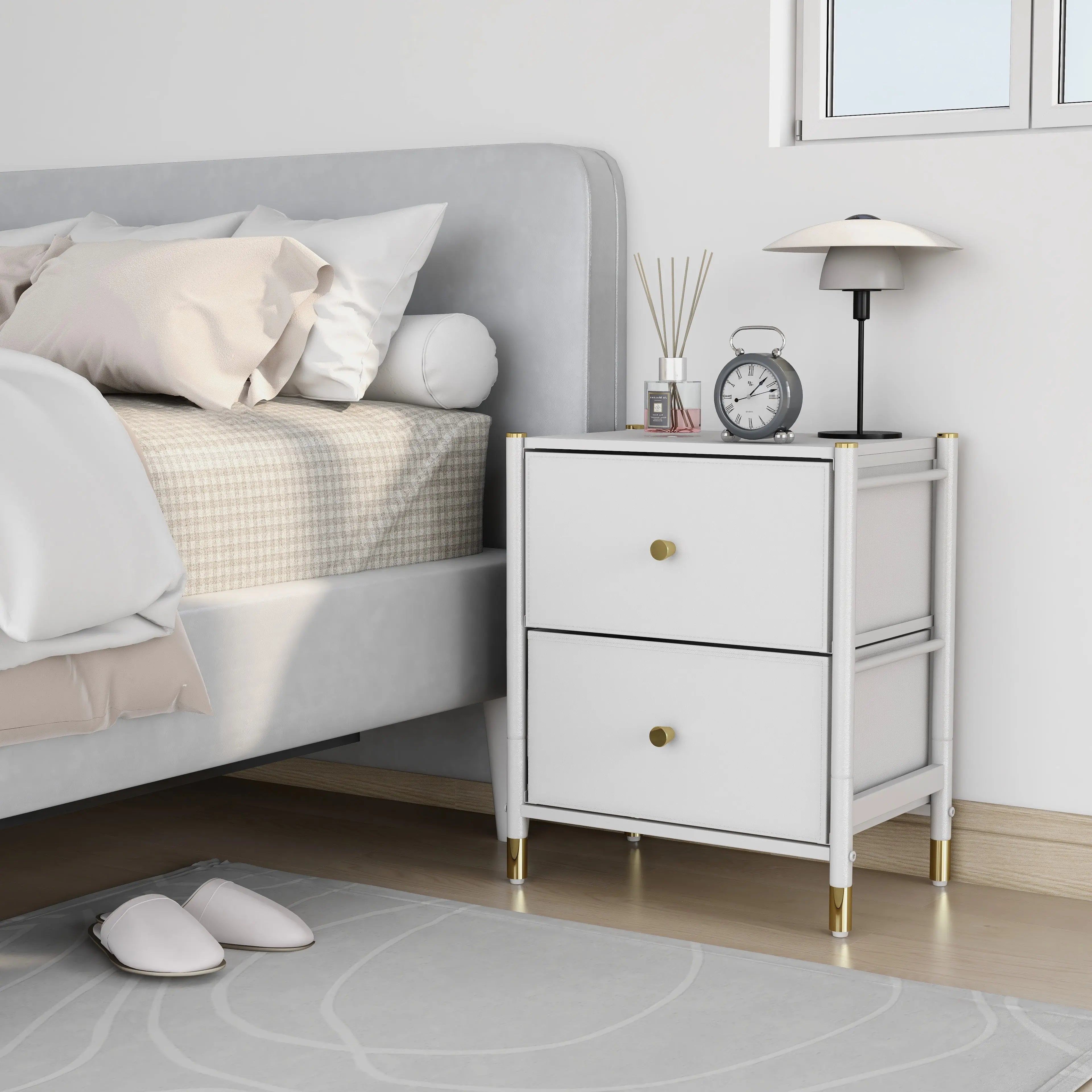 Buró de 2 Cajones para Recámara y Sala, Cómoda con Estructura de Metal, Tabla de MDF y Cajones de Tela No Tejida con Cubiertas de Cuero PU MU:4LIFE