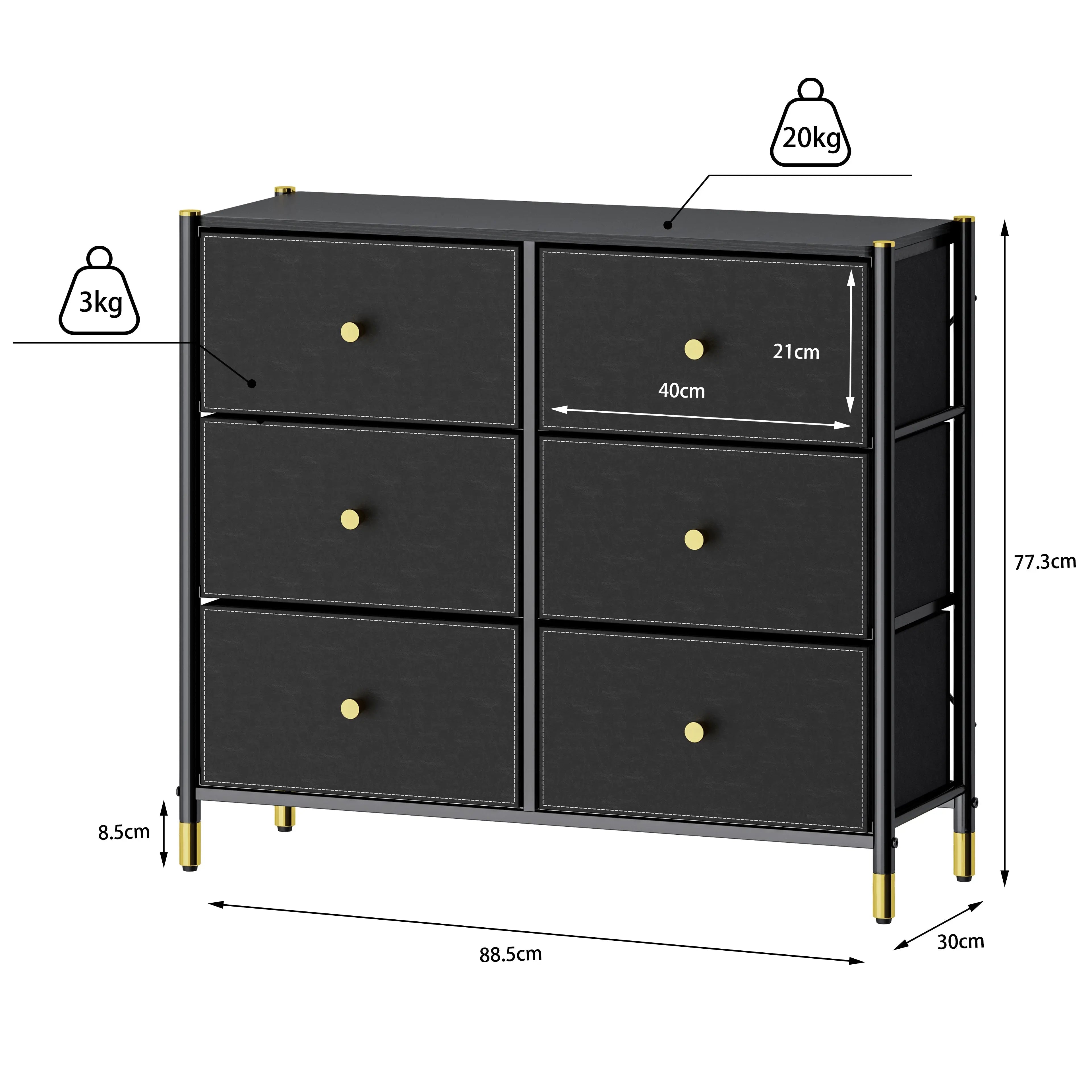 Cómoda Ancha de 6 Cajones para Almacenamiento en Hogar y Oficina, con Estructura de Metal, Tabla de MDF y Cajones de Tela No Tejida con Cubiertas de Cuero PU MU:4LIFE