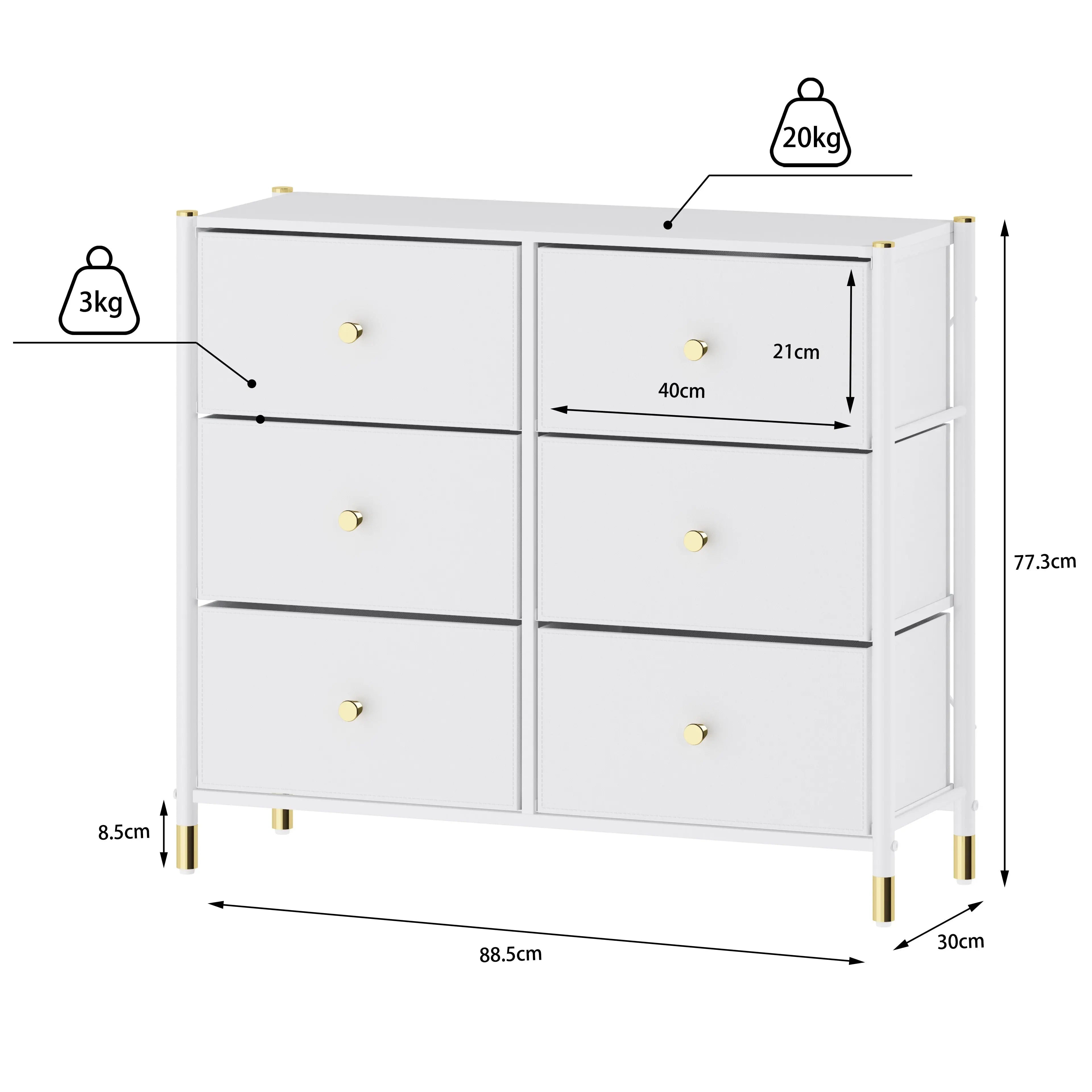 Cómoda Ancha de 6 Cajones para Almacenamiento en Hogar y Oficina, con Estructura de Metal, Tabla de MDF y Cajones de Tela No Tejida con Cubiertas de Cuero PU MU:4LIFE