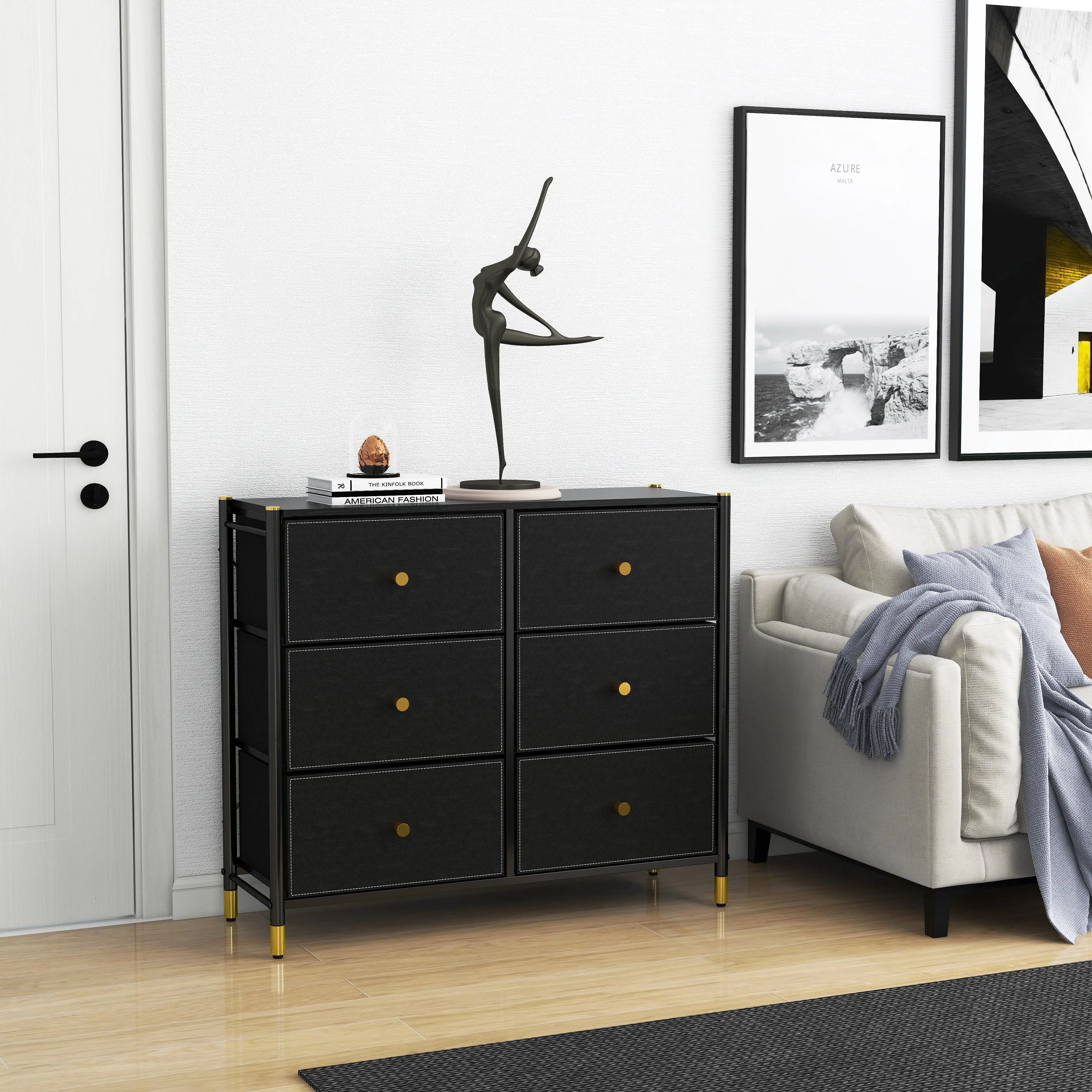 Cómoda Ancha de 6 Cajones para Almacenamiento en Hogar y Oficina, con Estructura de Metal, Tabla de MDF y Cajones de Tela No Tejida con Cubiertas de Cuero PU MU:4LIFE