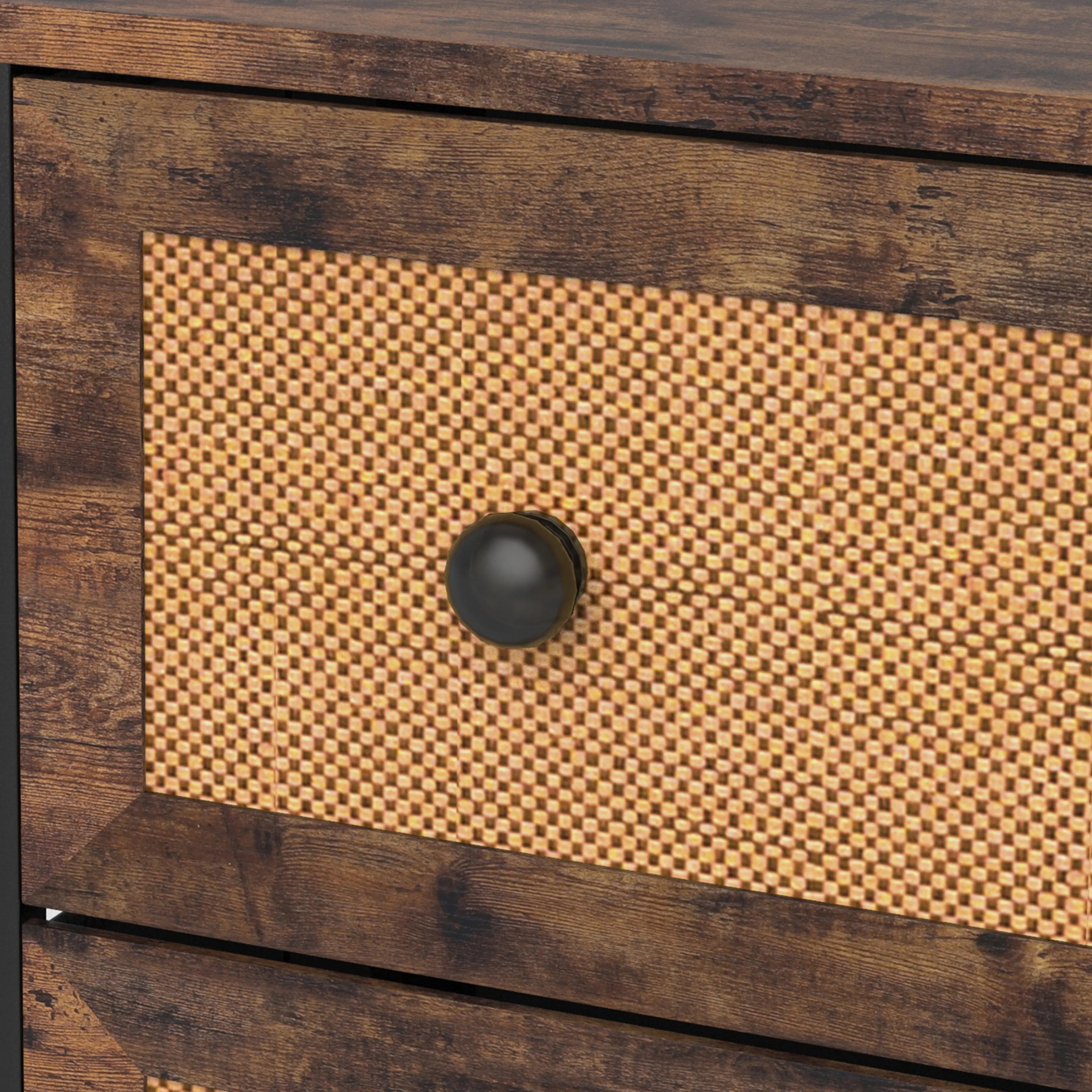 Cómoda vintage De 4 cajones con balda almacenamiento para hogar y oficina, organizador cajonera de estructura metal y cajones de tela no tejida y ratán MU:4LIFE