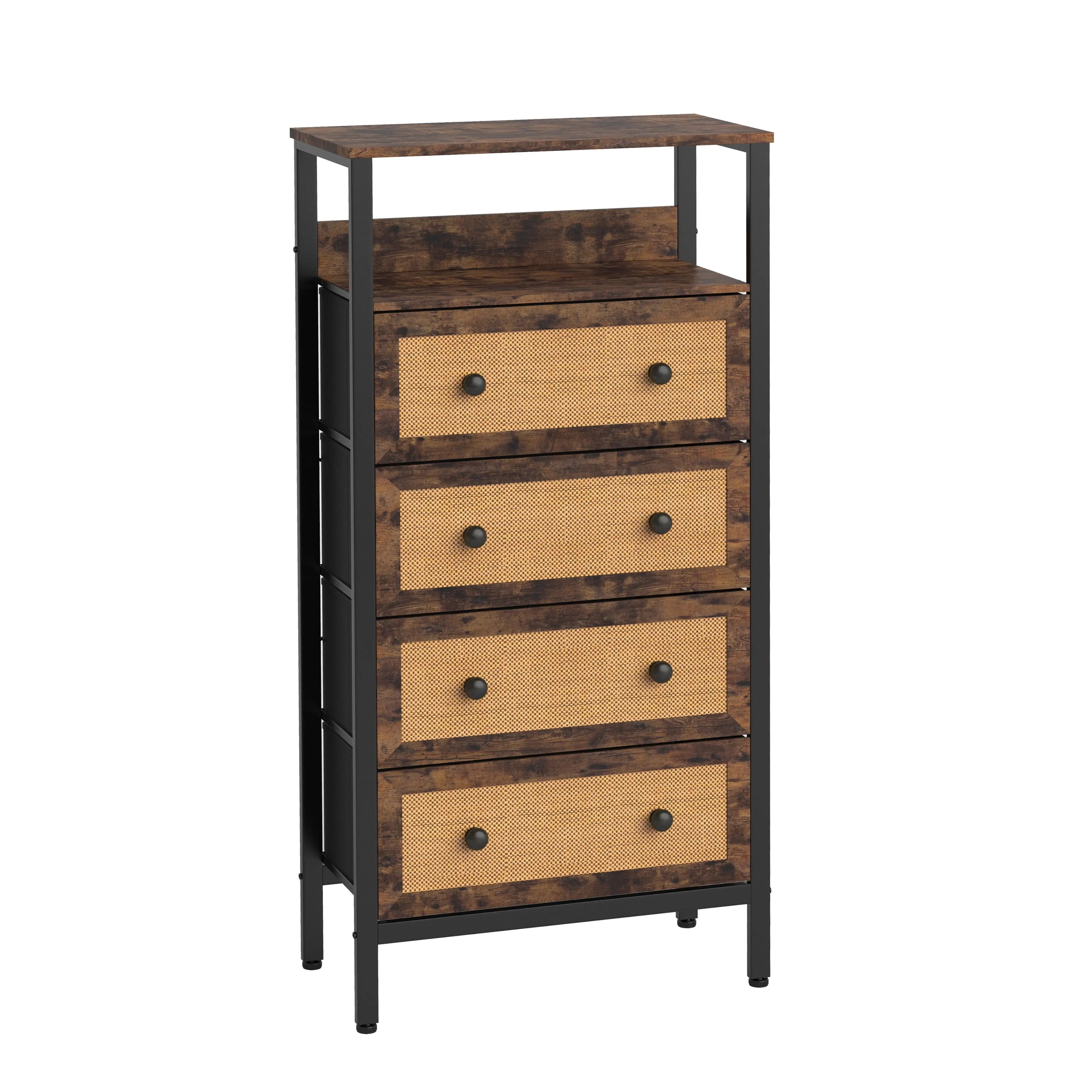 Cómoda vintage De 4 cajones con balda almacenamiento para hogar y oficina, organizador cajonera de estructura metal y cajones de tela no tejida y ratán MU:4LIFE