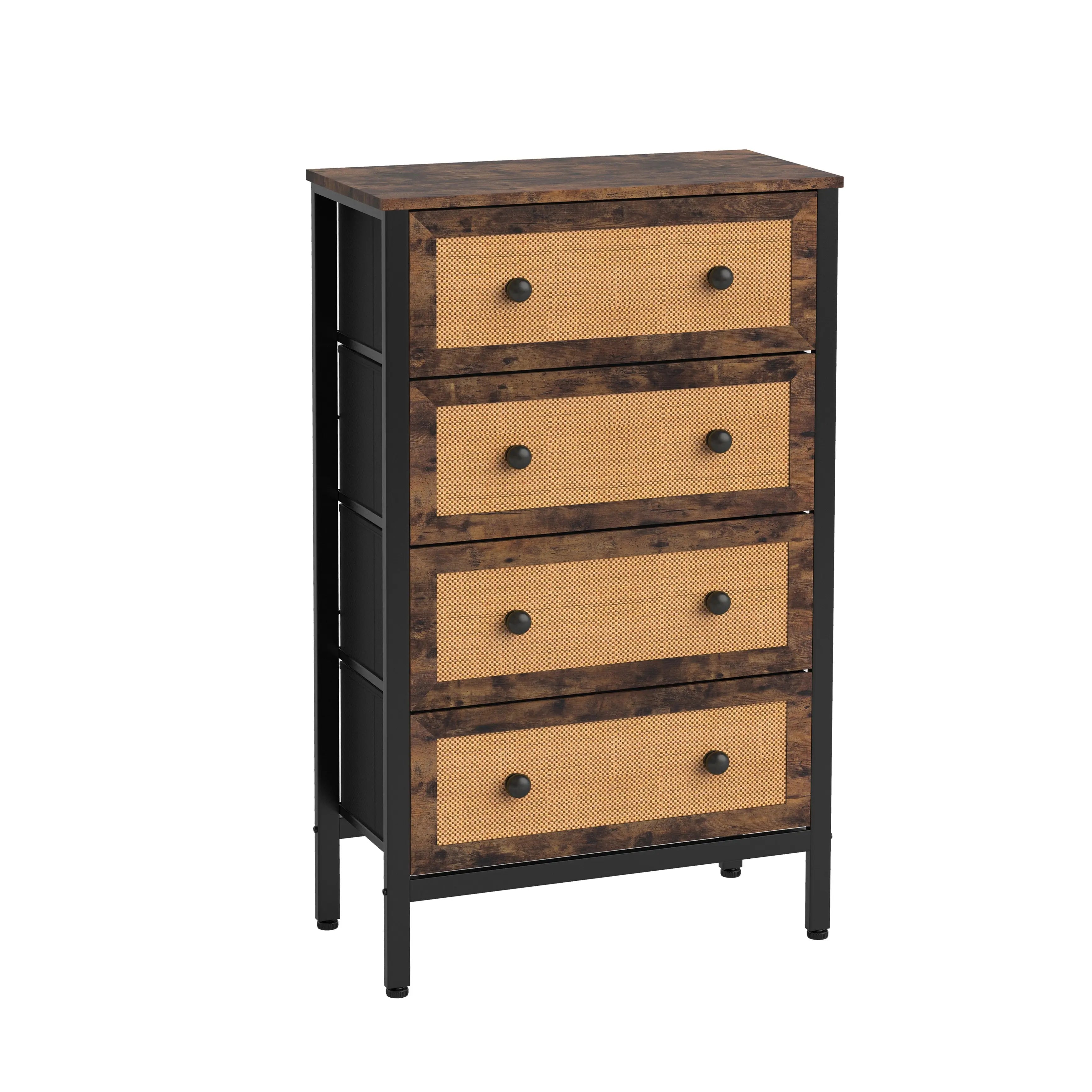 Cómoda vintage de 4 cajones almacenamiento para hogar y oficina, organizador cajonera de estructura metal y cajones de tela no tejida y ratán MU:4LIFE