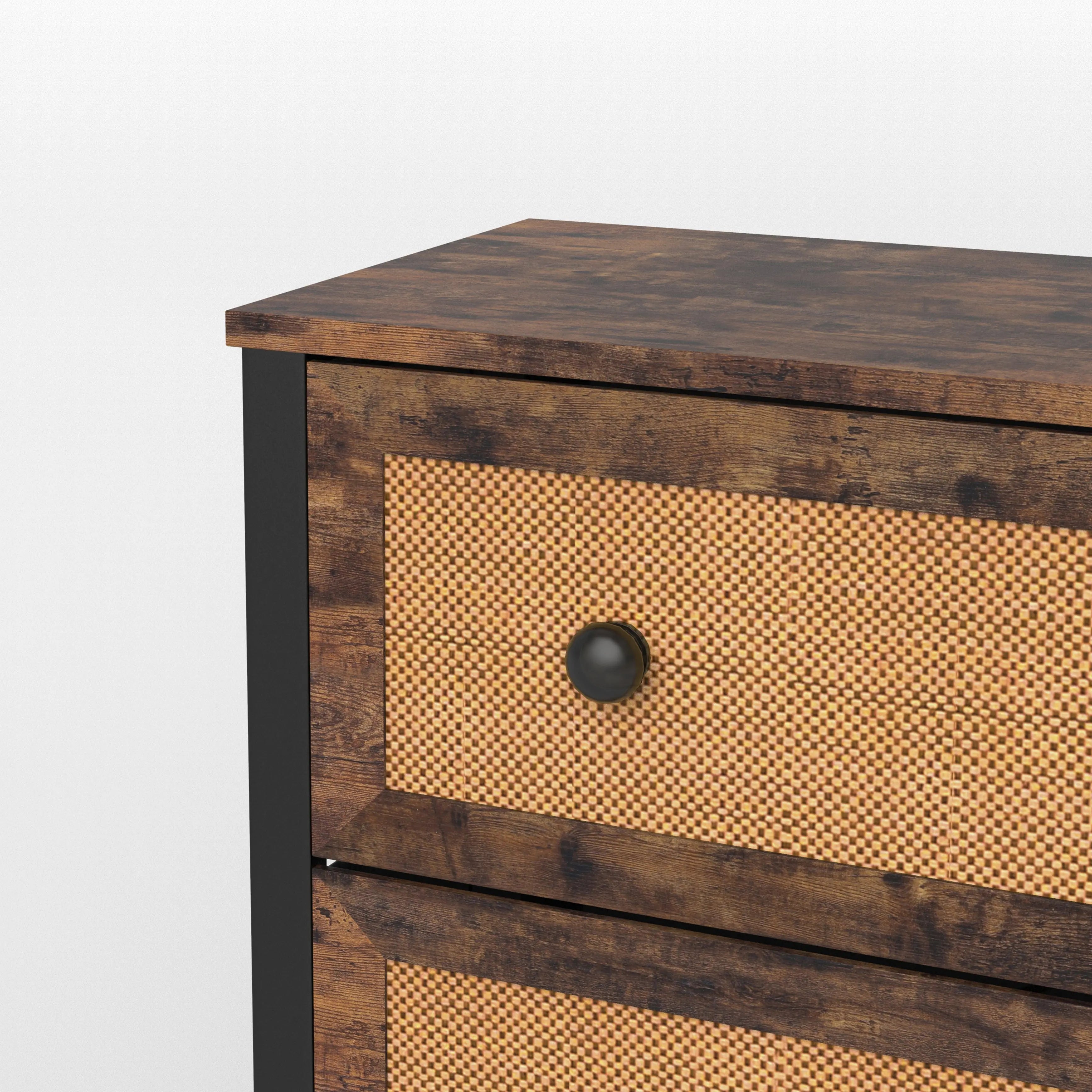 Cómoda vintage de 4 cajones almacenamiento para hogar y oficina, organizador cajonera de estructura metal y cajones de tela no tejida y ratán MU:4LIFE