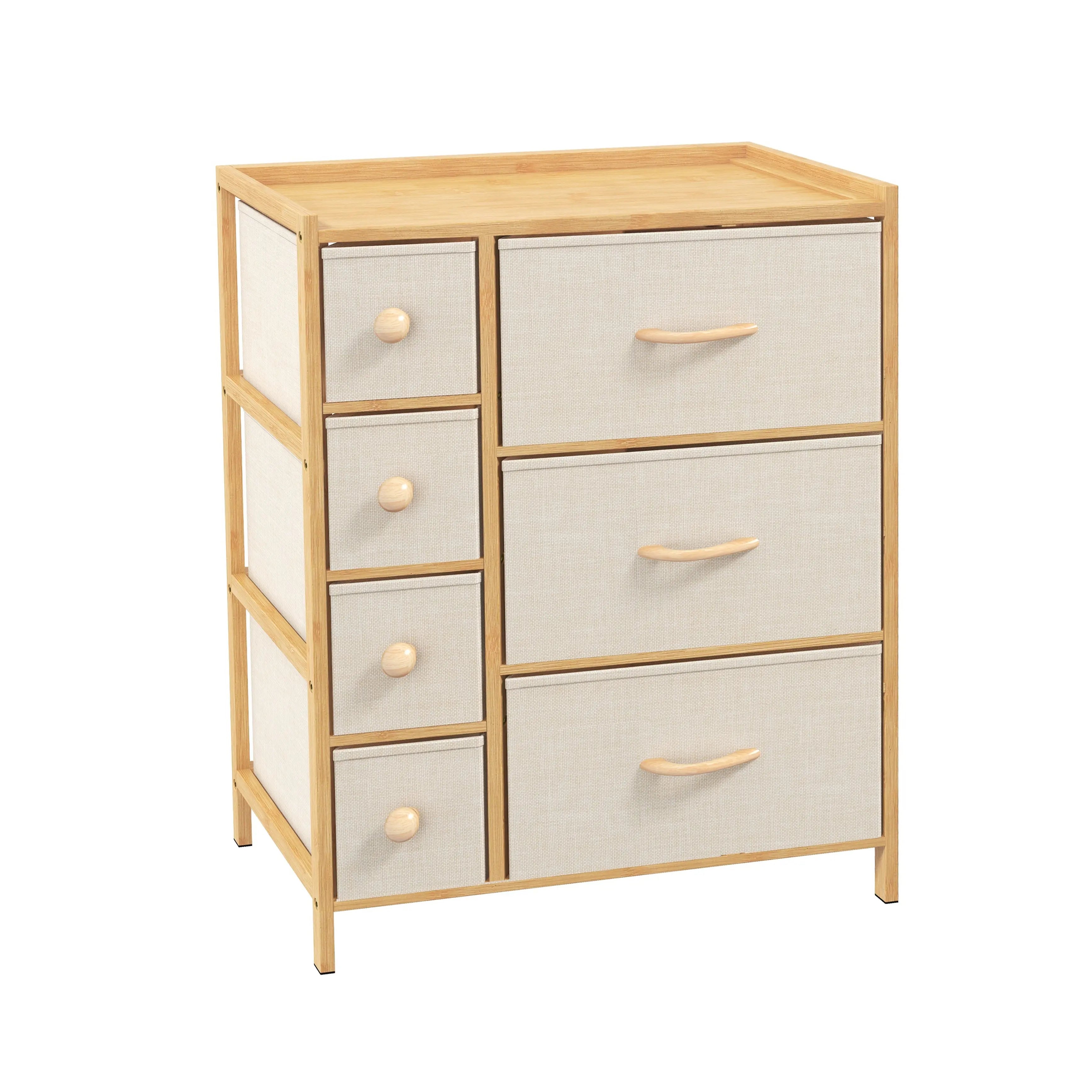 Cómoda bambú de 7 cajones almacenamiento para hogar y oficina, organizador cajonera de estructura bambú y cajones de tela lino poliéster y tela no tejida MU:4LIFE