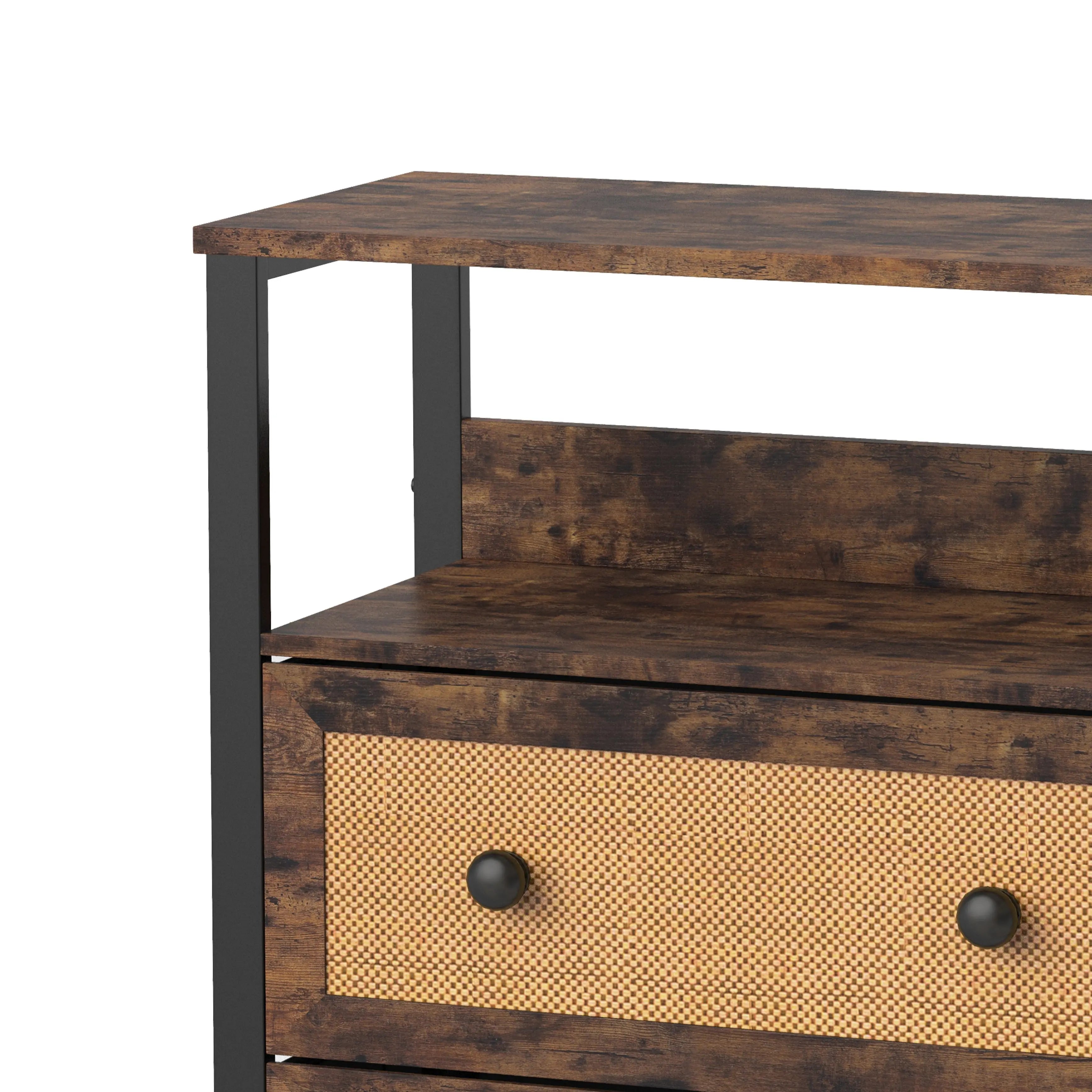 Cómoda vintage De 4 cajones con balda almacenamiento para hogar y oficina, organizador cajonera de estructura metal y cajones de tela no tejida y ratán MU:4LIFE