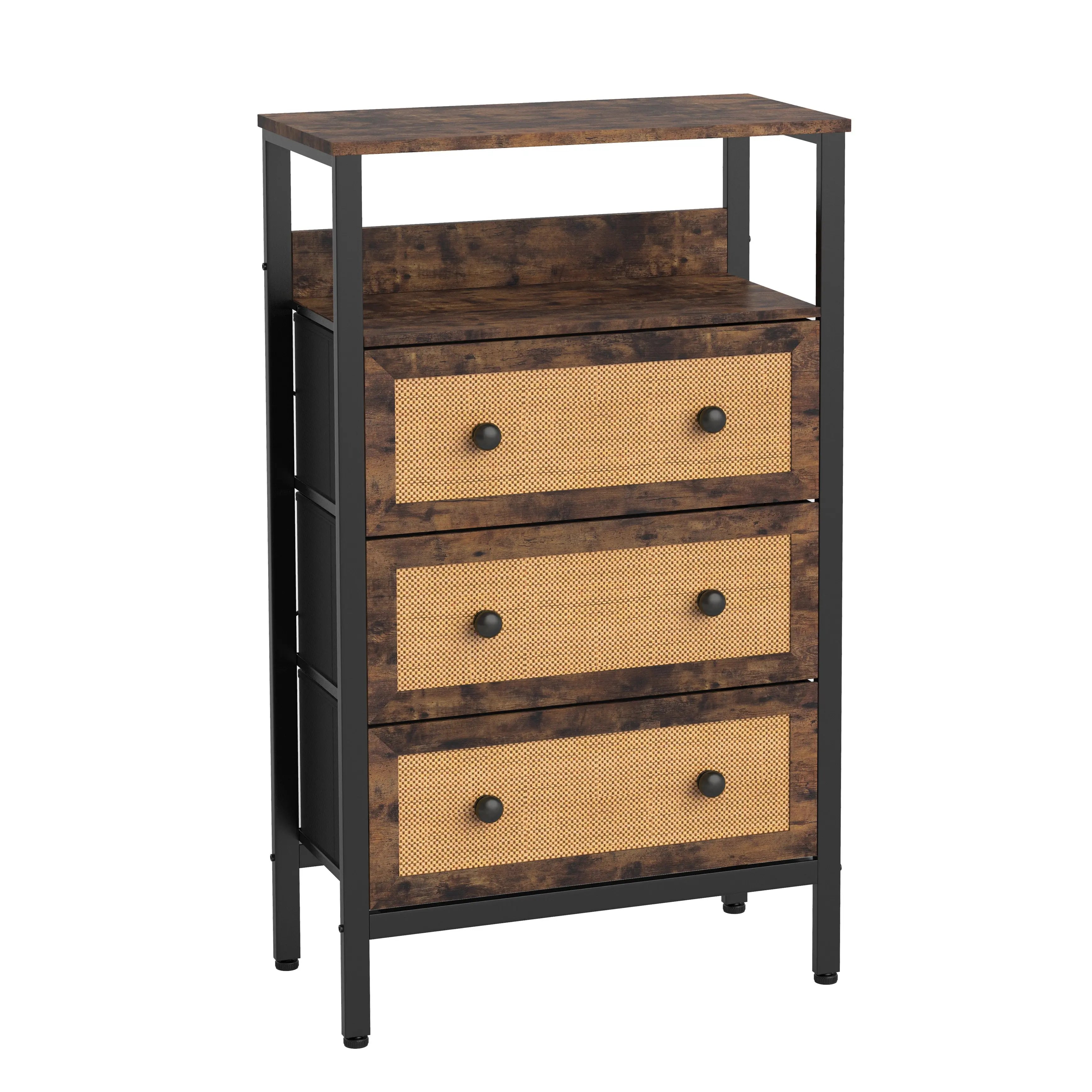 Cómoda vintage de 3 cajones con balda almacenamiento para hogar y oficina, organizador cajonera de estructura metal y cajones de tela no tejida y ratán MU:4LIFE