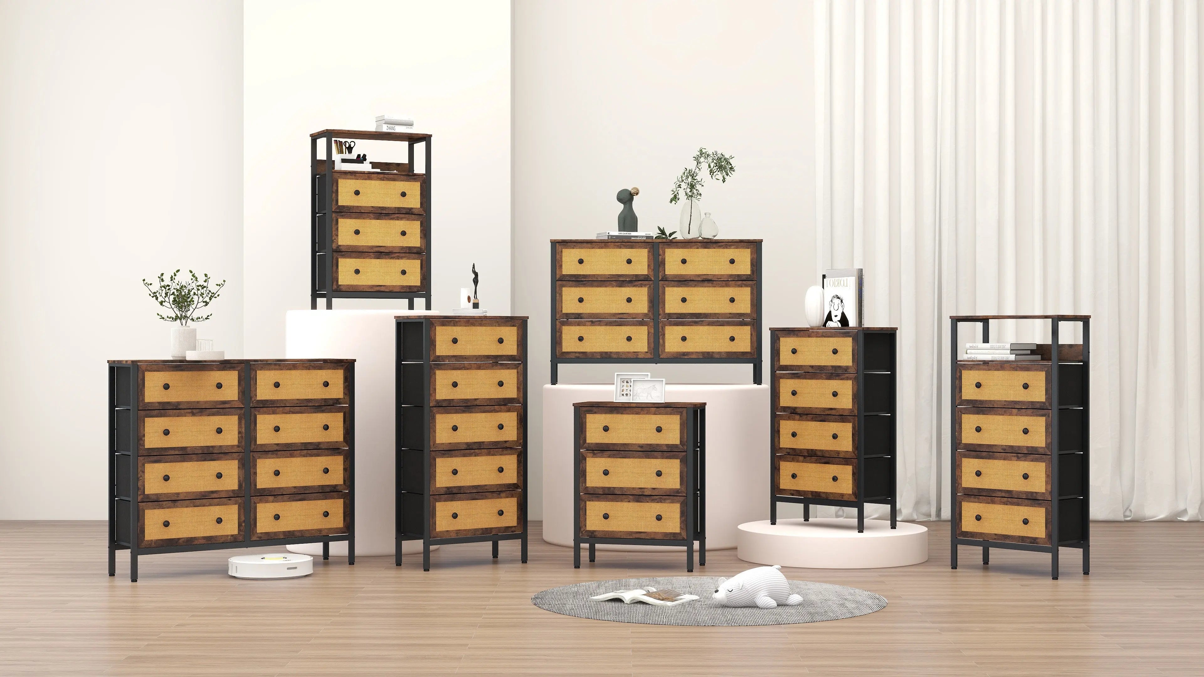 Cómoda vintage de 8 cajones almacenamiento para hogar y oficina, organizador cajonera de estructura metal y cajones de tela no tejida y ratán MU:4LIFE