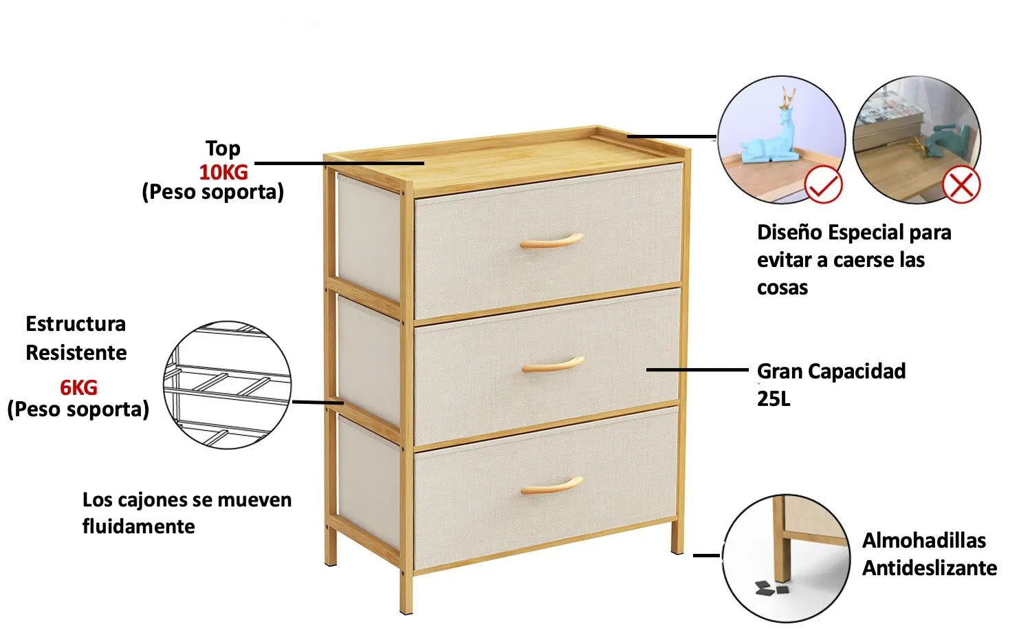 Cómoda bambú de cajones almacenamiento para hogar y oficina, organizador cajonera de estructura bambú y cajones de tela lino poliéster y tela no tejida MU:4LIFE
