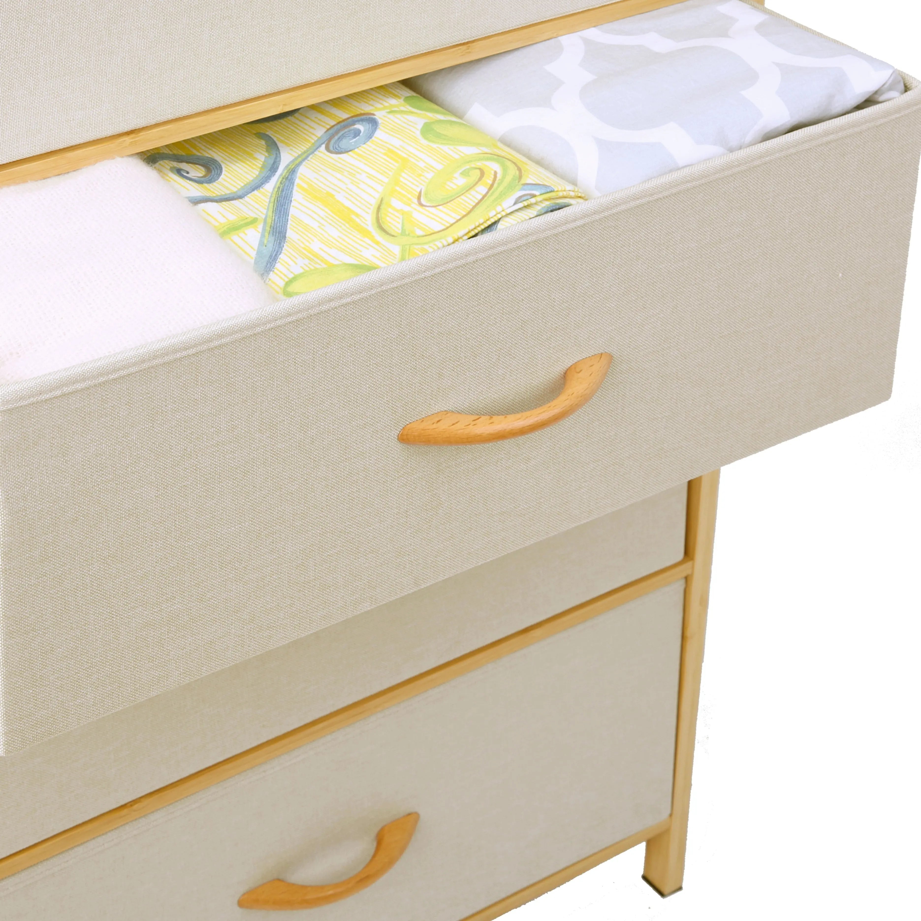 Estantería y cómoda ancha bambú de cajones y estantes de estructura bambú y cajones de tela lino poliéster y tela no tejida MU:4LIFE