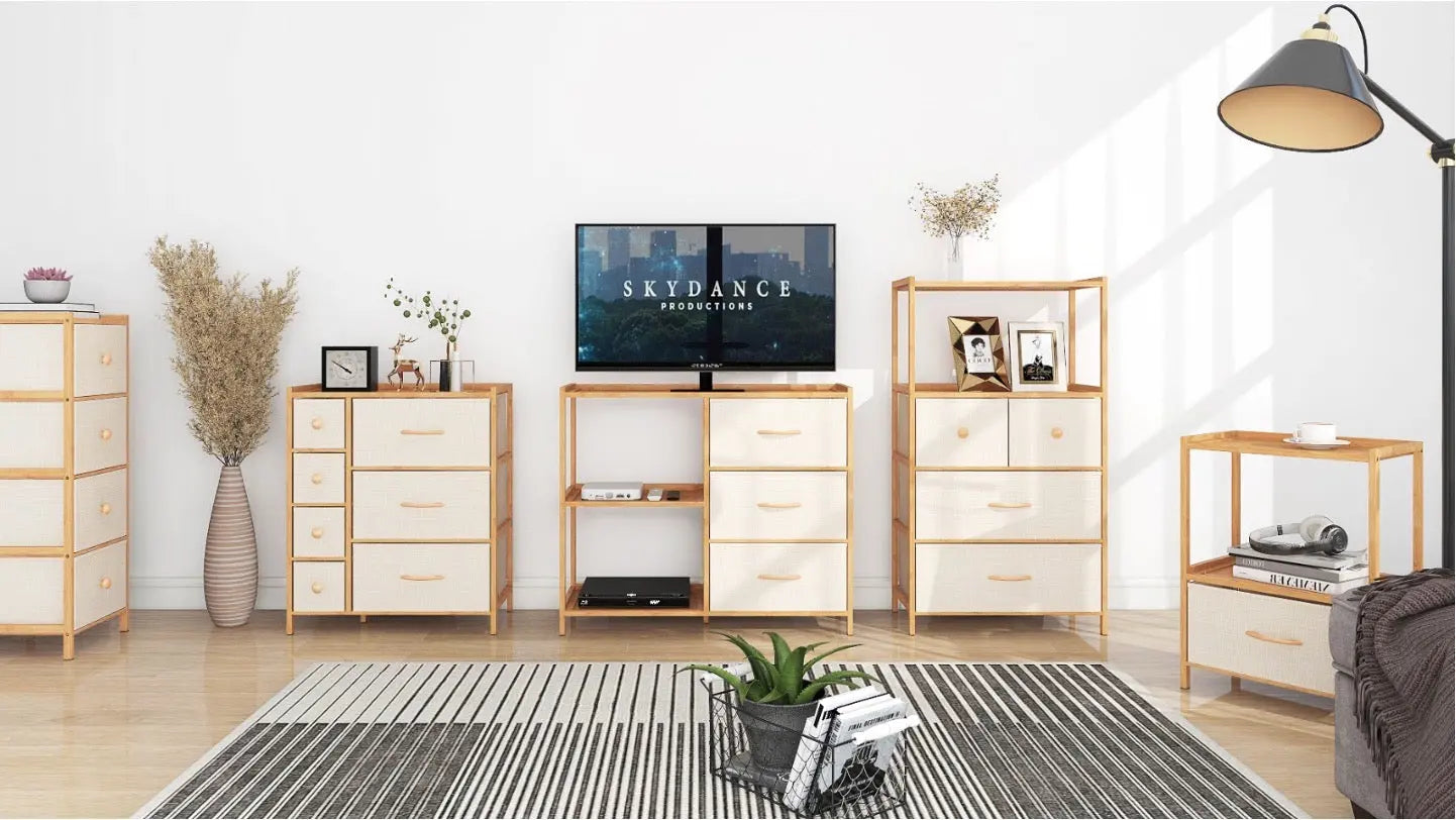 Cómoda bambú de 7 cajones almacenamiento para hogar y oficina, organizador cajonera de estructura bambú y cajones de tela lino poliéster y tela no tejida MU:4LIFE