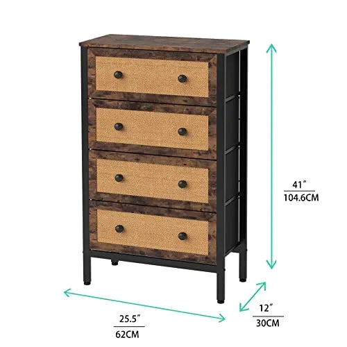 Cómoda vintage de 4 cajones almacenamiento para hogar y oficina, organizador cajonera de estructura metal y cajones de tela no tejida y ratán MU:4LIFE